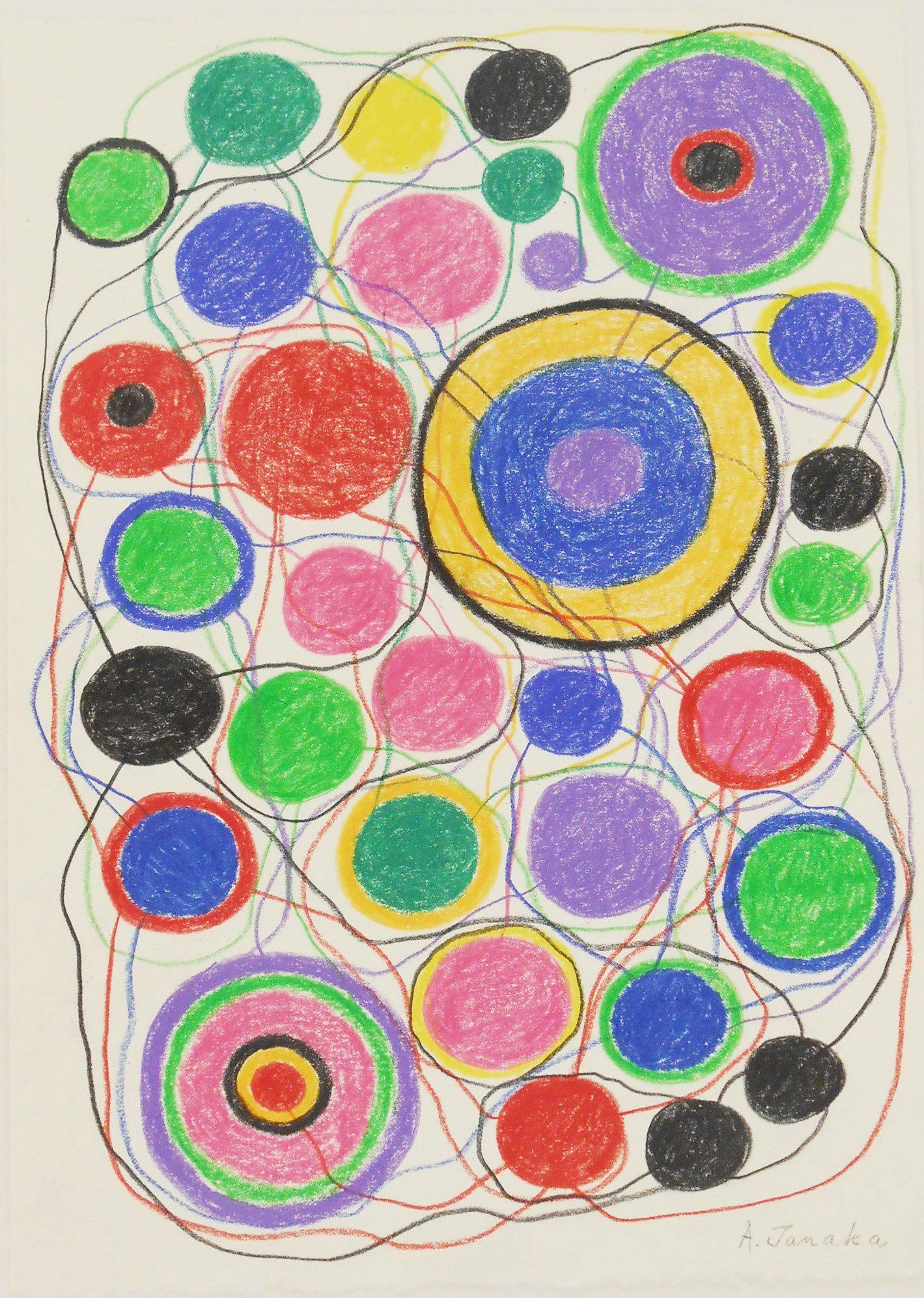 Atsuko Tanaka (1932-2005) Colored Pencil Drawing: Colored pencil drawing on white wove paper, untitled composition with circles, signed* (Atsuko Tanaka, 1932-2005). 13 x 9 1/2 inches. Very good condition, having no apparent damage or repairs. Unframe