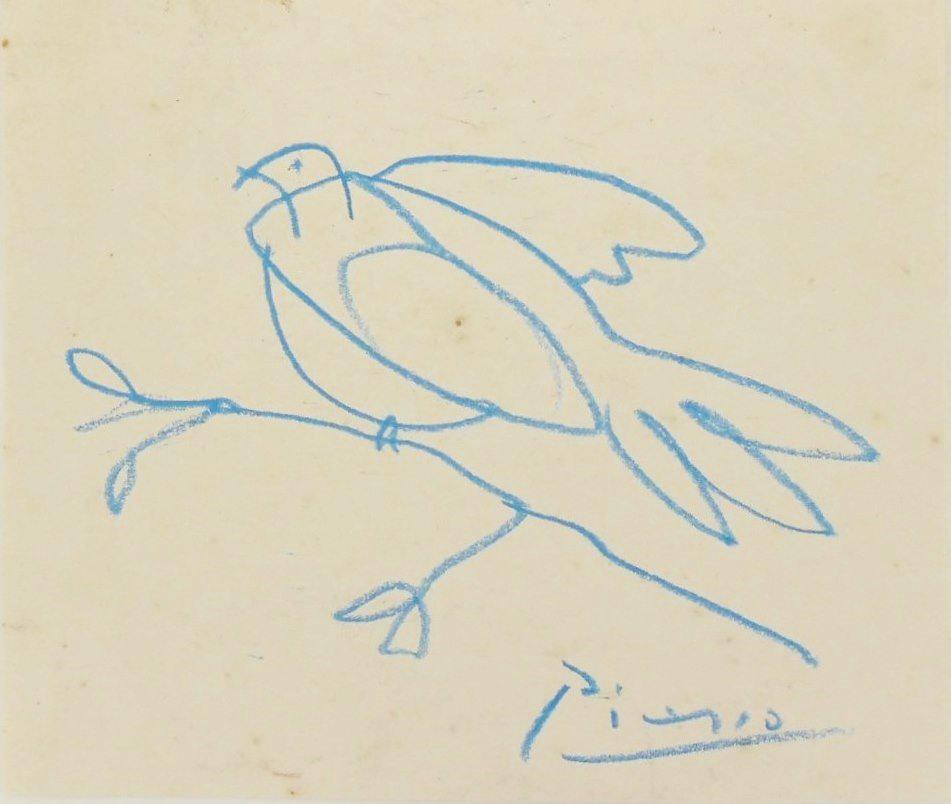 Pablo Picasso (1881-1973) Colored Pencil Drawing: Blue pencil drawing on wove paper, perched dove, signed* (Pablo Picasso, 1881-1973). 4 1/4 x 4 7/8 inches. Good condition overall, having a few very small stains or spots of foxing, no other apparent