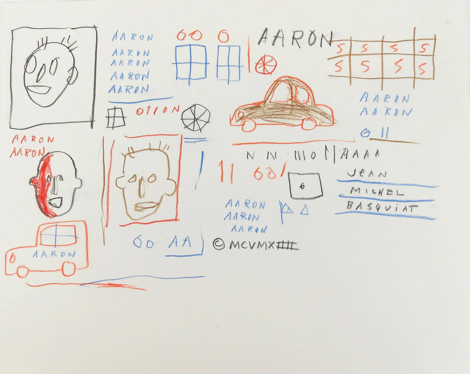Jean-Michel Basquiat (1960-1988) Pencil Drawing: Colored pencil drawing on heavy wove paper, untitled ("Aaron"), signed* middle right (Jean-Michel Basquiat, 1960-1988). Circa 1981/82. 15 x 17 3/4 inches. Very good condition overall. Unframed for ins