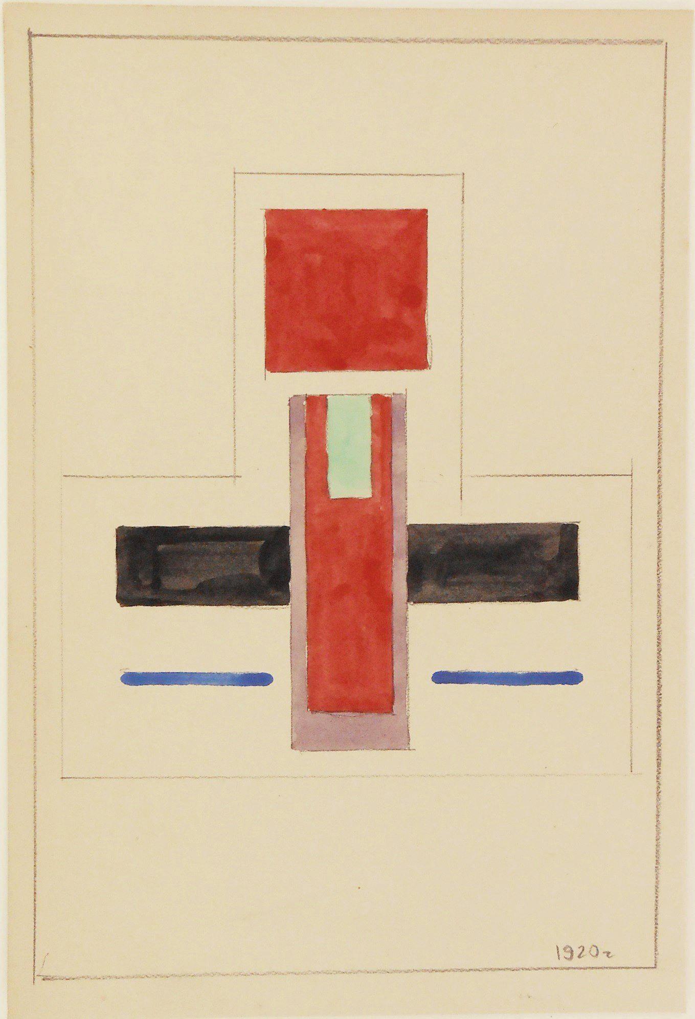 Nikolai Suetin (1897-1954) Watercolor & Gouache: Watercolor and gouache with pencil on heavy off-white wove paper, industrial or architectural design, unsigned* (Nikolai Suetin, 1897-1954). Dated 1920. 7 3/4 x 5 1/4 inches. Very good condition. Has 