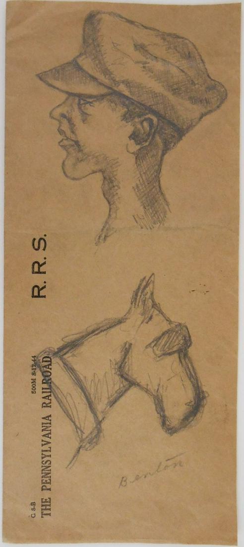 Thomas Hart Benton (1889-1975) Pencil Sketches: Two pencil sketches, horse and boy wearing a cap, executed on a portion of an envelope imprinted "The Pennsylvania Railroad R.R.S.", signed* (Thomas Hart Benton, 1889-1975). 8 3/4 x 3 3/4 inches. Very