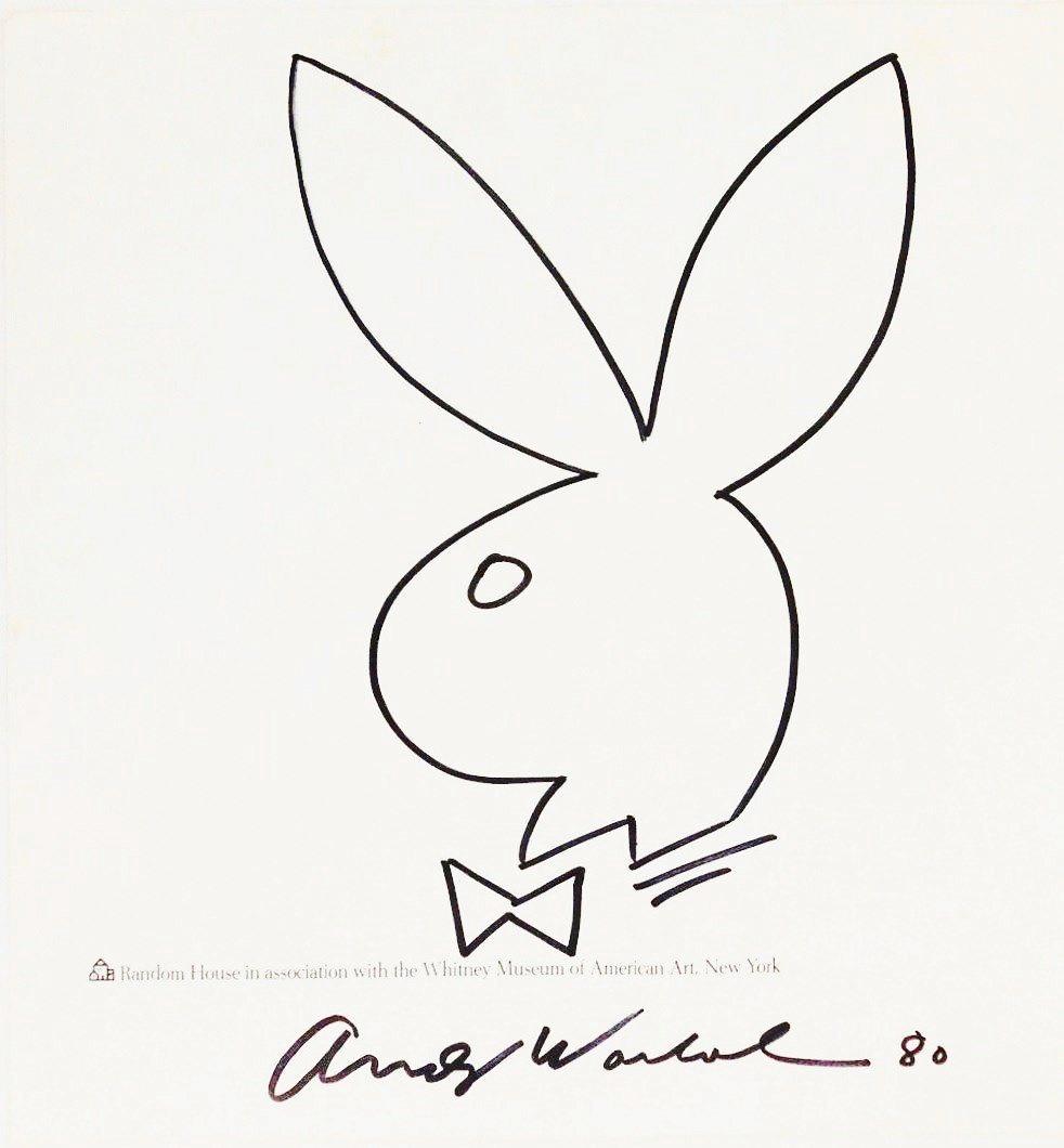 Andy Warhol (1928-1987) Playboy Bunny Drawing: Felt-tip pen drawing of the Playboy Bunny drawn on a printed page from "Andy Warhol Portraits of the 70s". Signed* (Andy Warhol, 1928-1987) and dated '80. 9 x 8 3/8 inches. Very good condition overall