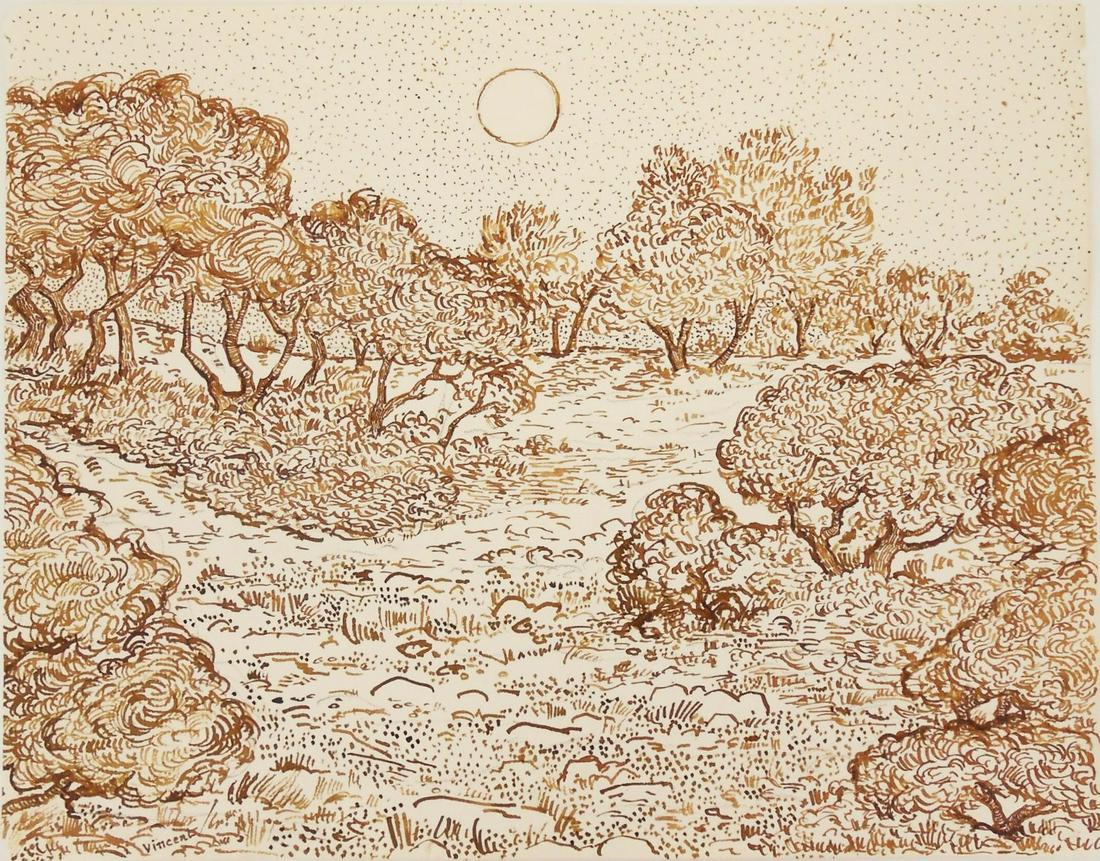 Vincent Van Gogh (1853-1890) Ink On Paper: Pen and brown ink drawing on period laid paper, wooded landscape with sun, signed* (Vincent van Gogh, 1853-1890). 11 1/4 x 14 3/8 inches. Good condition overall, having no apparent damage or repairs w