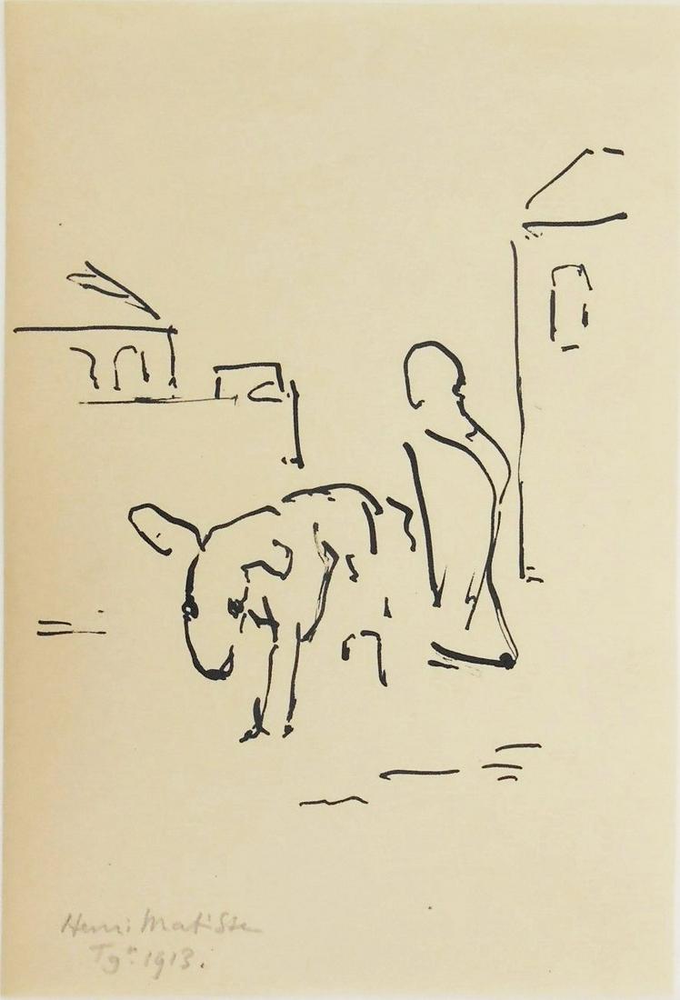 Henri Matisse (1869-1954) Pen & Ink Drawing: Pen and ink drawing on thin wove paper, Moroccan scene, signed* (Henri Matisse, 1869-1954). 6 x 4 1/8 inches. Very good condition overall, having no visible damage or repairs. The drawing has been rem