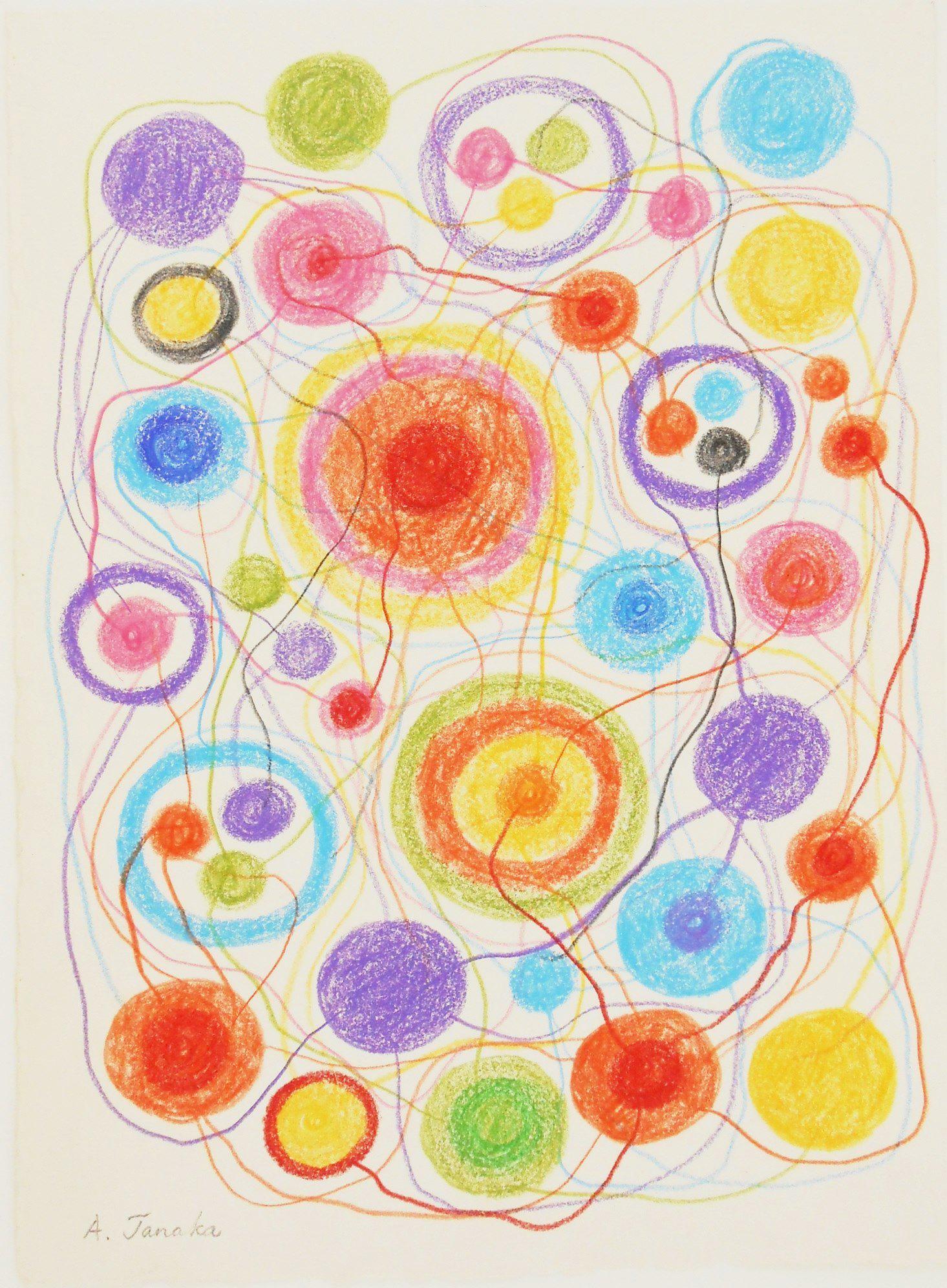 Atsuko Tanaka (1932-2005) Colored Pencil Drawing: Colored pencil drawing on white wove paper, untitled composition with circles, signed* (Atsuko Tanaka, 1932-2005). 14 1/8 x 10 1/2 inches. Very good condition, having no apparent damage or repairs. Un