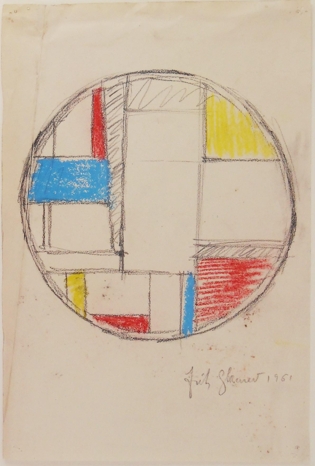 Fritz Glarner (1899-1972) Chalk & Pencil Drawing: Chalk drawing with pencil on wove paper, circle study, signed* (Fritz Glarner, 1899-1972) and dated 1961. 11 1/8 x 7 3/8 inches. Drawing has a crease in the paper running diagonally along the left edg
