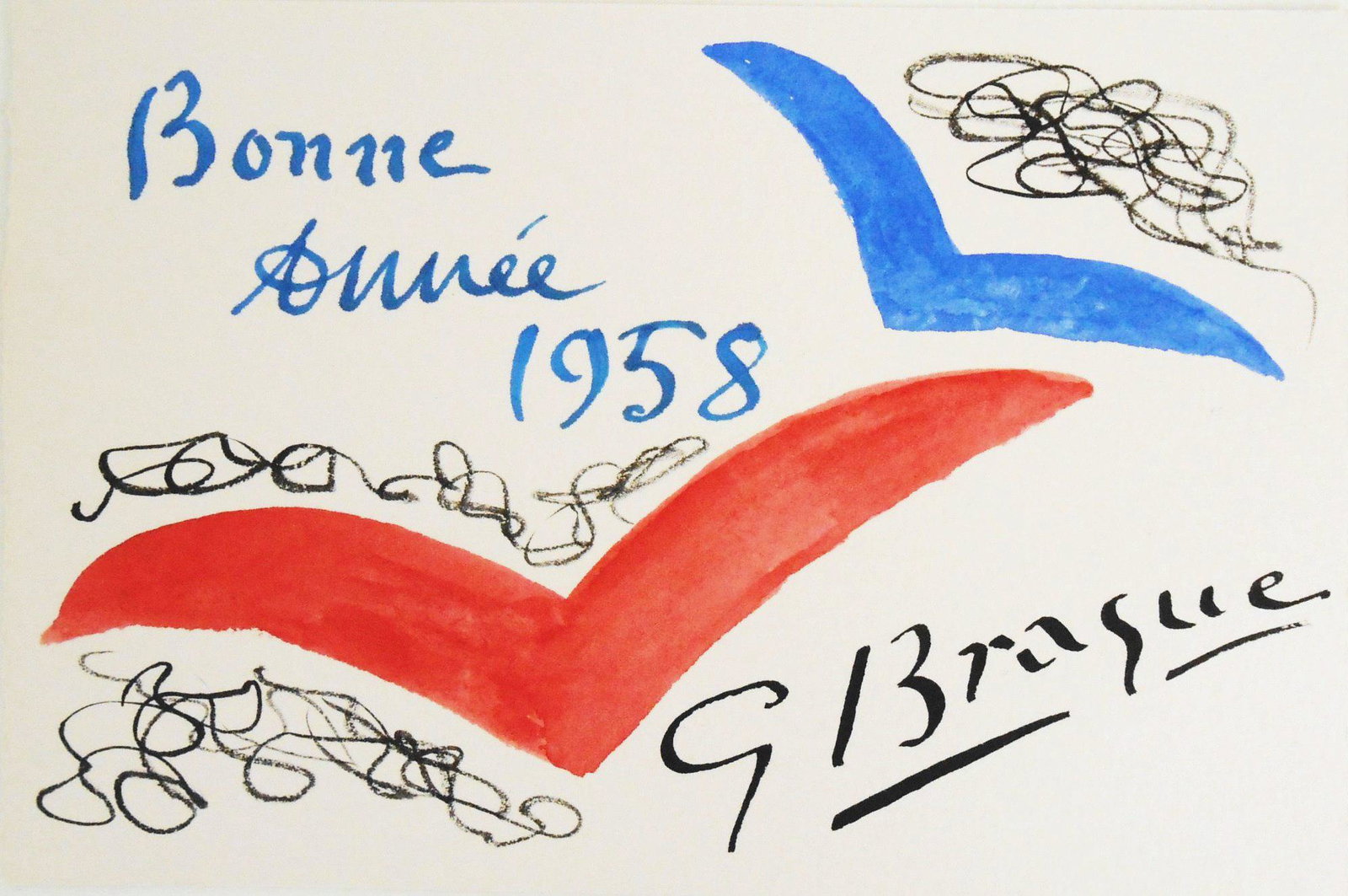 Georges Braque (1882-1963) Greeting Card: Watercolor and black ink on fine quality wove paper, hand-drawn greeting card, "Bonne Annee" (Happy New Year), signed* (Georges Braque, 1882-1963). Dated 1958. 3 7/8 x 5 7/8 inches. Very good conditio