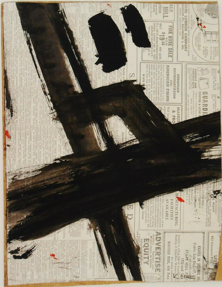 Franz Kline (1910-1962) Abstract Composition: Black ink abstract composition, newspaper on canvas mounted to board, signed* (Franz Kline, 1910-1962). 13 1/4 x 10 inches. Good condition overall. Has been removed from frame for inspection and shipp