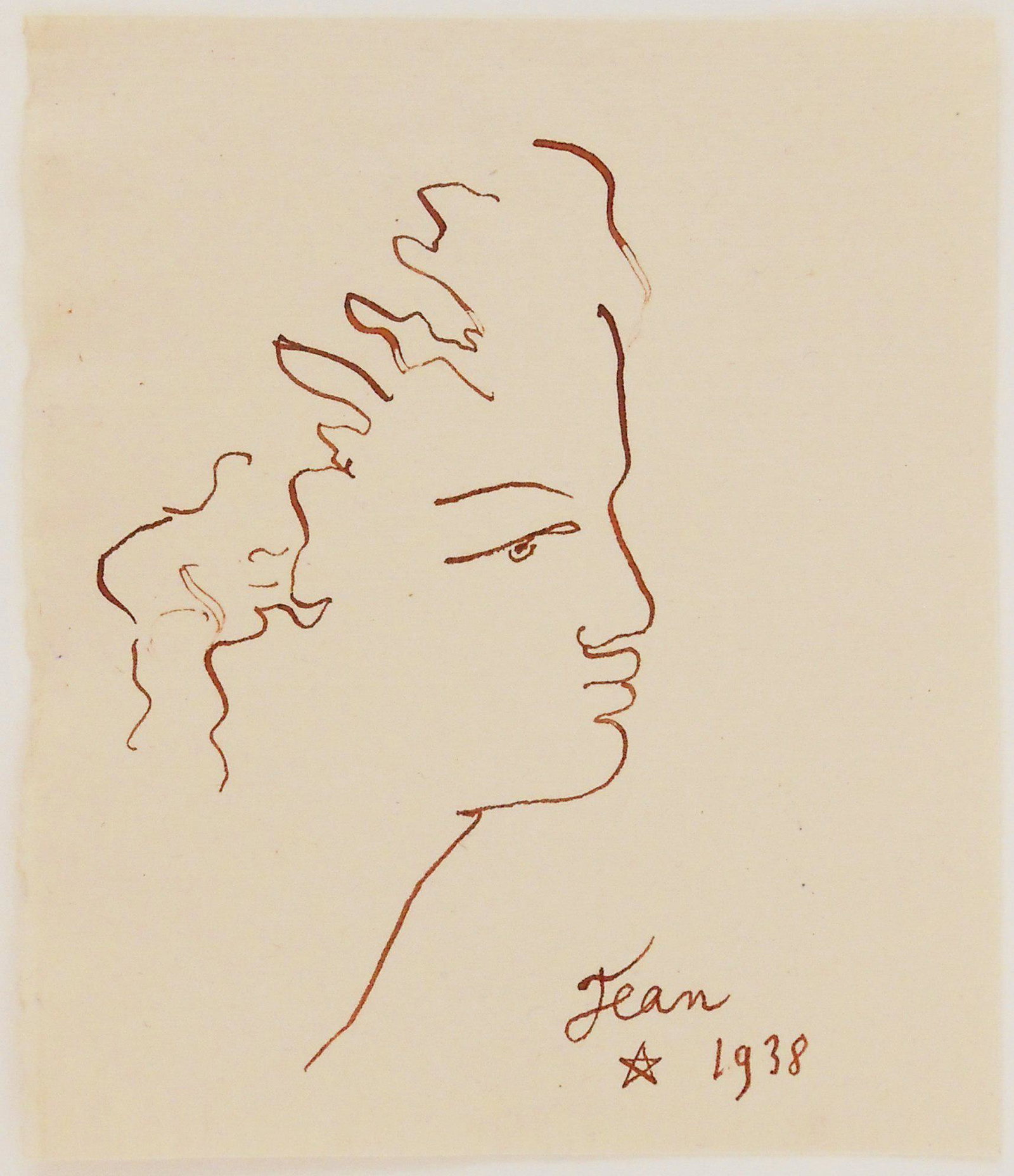 Jean Cocteau (1889-1963) Ink Sketch, 1938: Pen and ink drawing on fine laid paper, head in profile, signed* (Jean Cocteau, 1889-1963). Dated 1938. 5 3/4 x 4 7/8 inches. Very good condition overall. Unframed for inspection and shipping. Sold wi