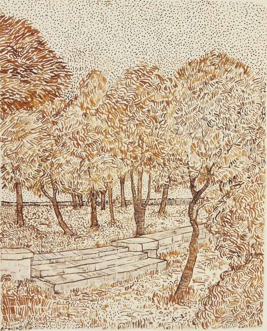 Vincent Van Gogh (1853-1890) Ink On Paper: Pen and brown ink drawing on period laid paper, park landscape with steps, signed* (Vincent van Gogh, 1853-1890). 14 1/8 x 11 1/4 inches. Good condition overall, having no apparent damage or repairs w