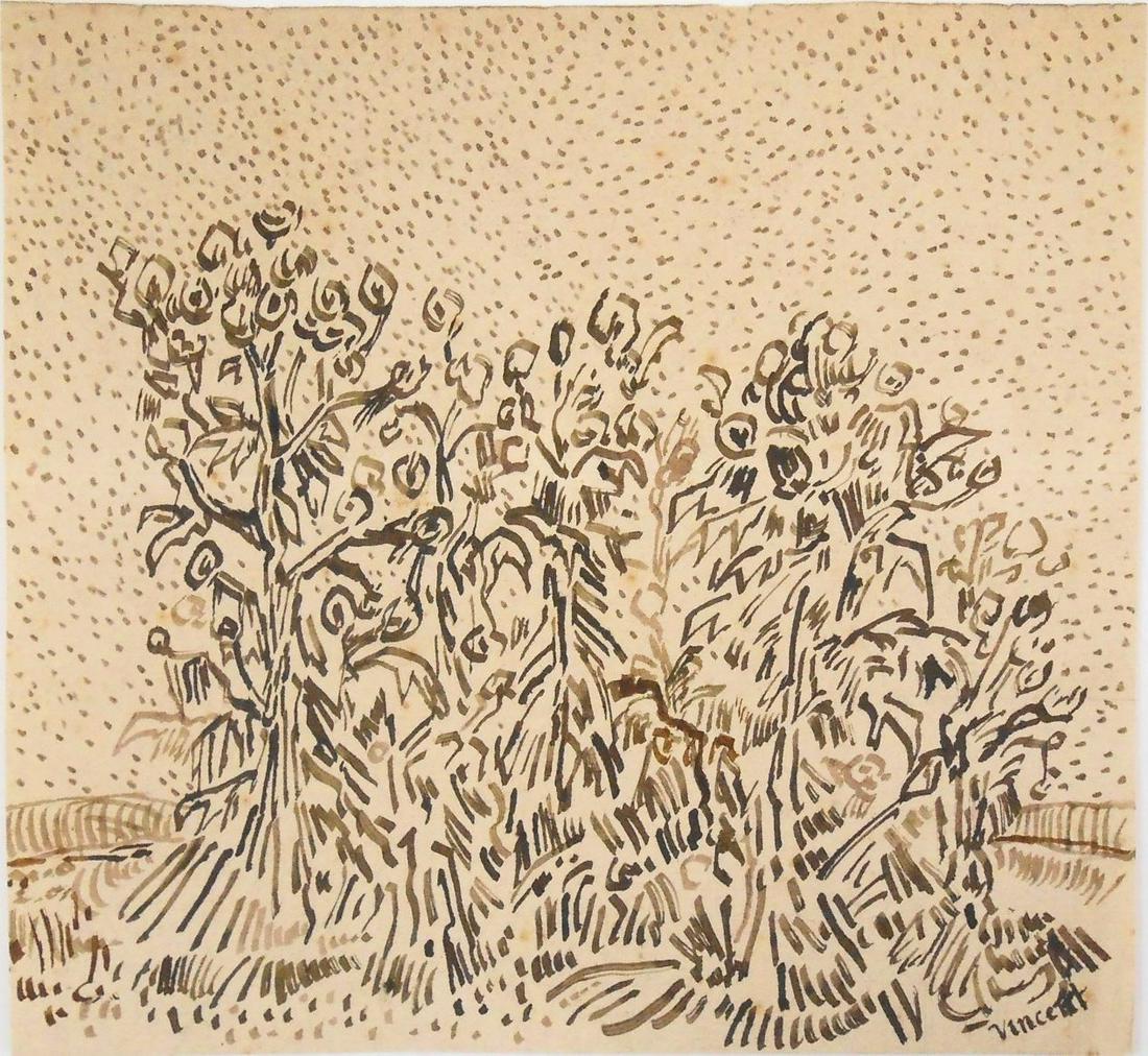 Vincent Van Gogh (1853-1890) Ink Drawing: Sepia ink drawing on watermarked laid paper, flowers and thistles, signed* (Vincent van Gogh, 1853-1890). 6 1/4 x 6 3/4 inches. Very good condition. Unframed for inspection and shipping. Sold without 