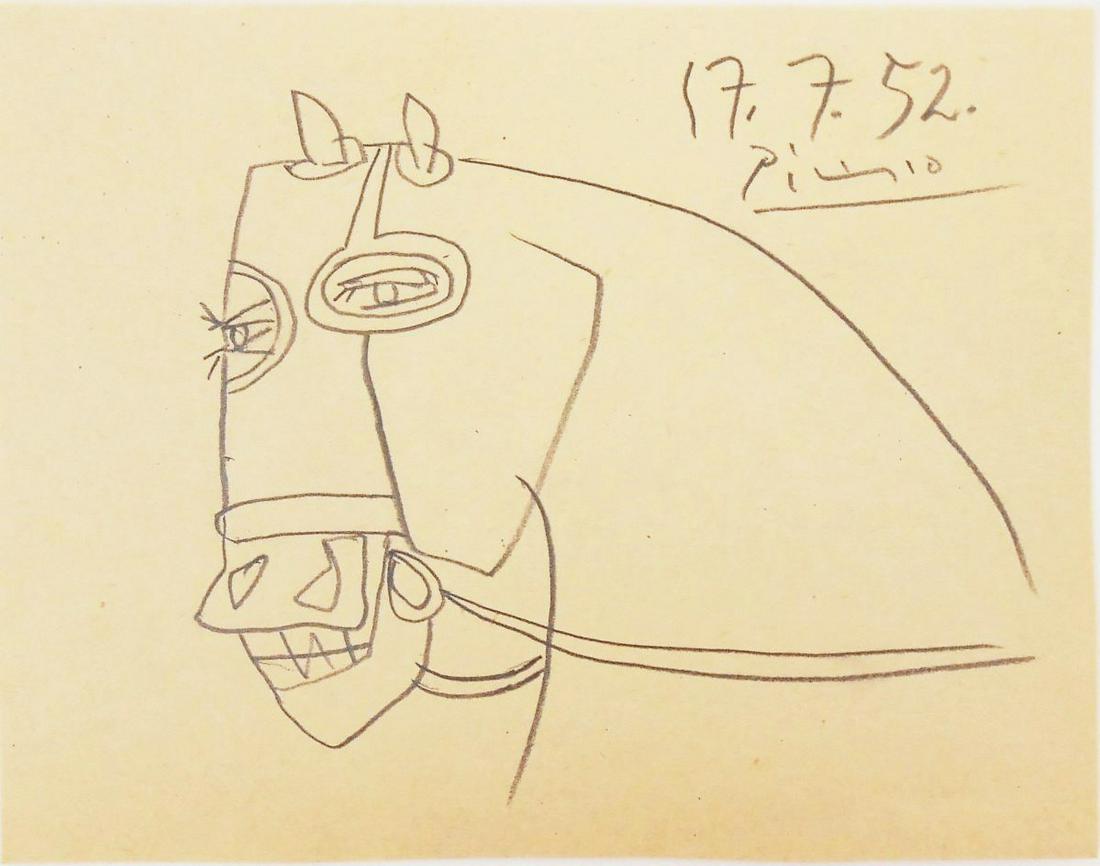 Pablo Picasso (1881-1973) Pencil Drawing: Pencil drawing on cream color wove paper, portrait of a horse's head, signed* (Pablo Picasso, 1881-1973). Dated 17.7.52, upper right corner. 5 1/4 x 6 3/4 inches. Very good condition overall. Unframed
