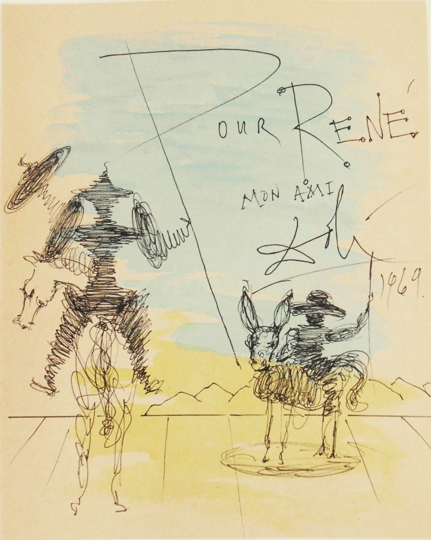 Salvador Dali (1904-1989) Watercolor: Watercolor with black ink on cream-colored wove paper, Don Quixote and Sancho Panza, signed* (Salvador Dali, 1904-1989). Dated 1969 and inscribed. 8 3/4 x 7 inches. Very good condition. Unframed for i