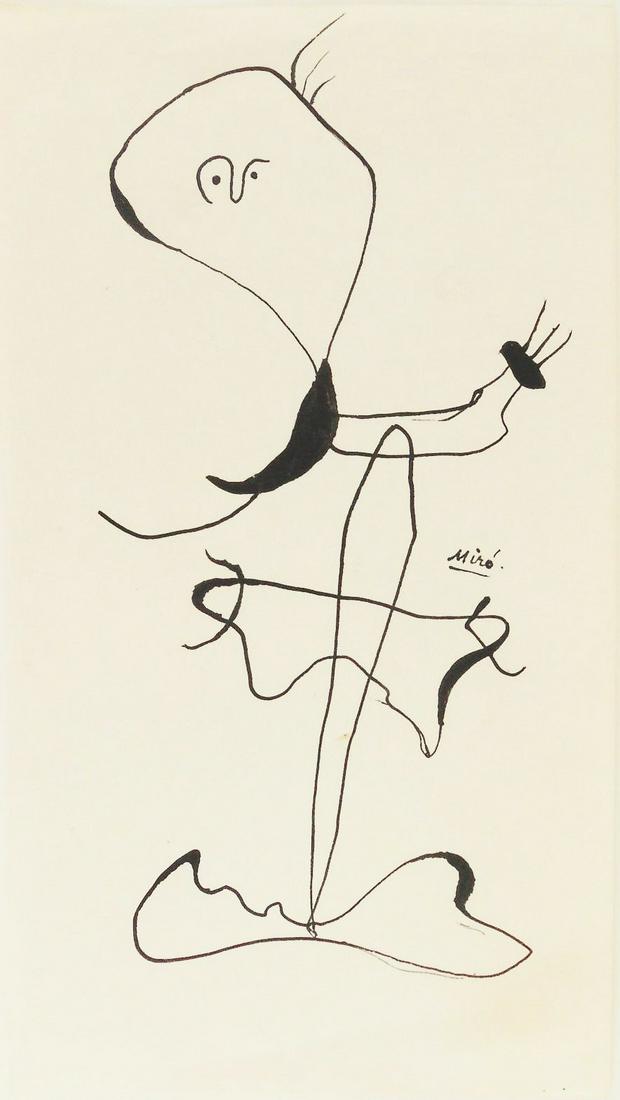 Joan Miro (1893-1983) Black Ink Drawing: Black ink drawing on thin wove paper, abstract figure, signed* (Joan Miro, 1893-1983). 8 1/2 x 4 3/4 inches. Good condition overall, having no apparent damage or repairs. Unframed for auction inspecti