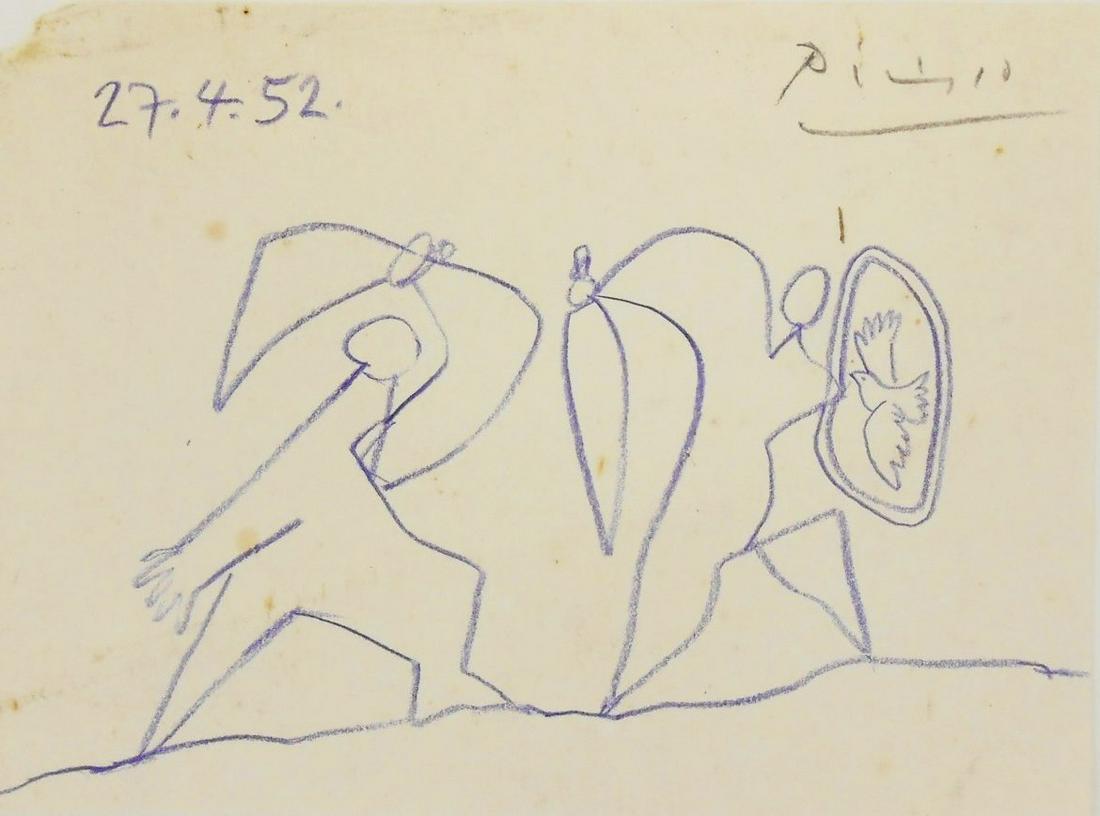 Pablo Picasso (1881-1973) Colored Pencil Drawing: Colored pencil drawing on wove paper, dueling figures, signed* (Pablo Picasso, 1881-1973). Dated 27.4.52. Drawing measures 5 1/8 x 6 7/8 inches. Good condition overall, having a few very small stains 