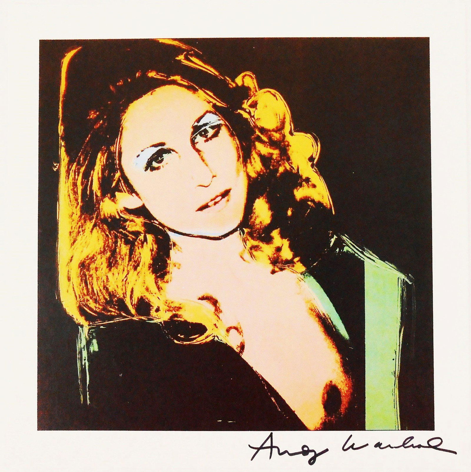 Andy Warhol (1928-1987) Signed Portrait Print: Offset color print, unidentified portrait, by Andy Warhol (1928-1987). Signed (signature attributed but not verified by an expert) upper left. 8 1/2 x 8 3/8 inches. Excellent condition. Currently unfr