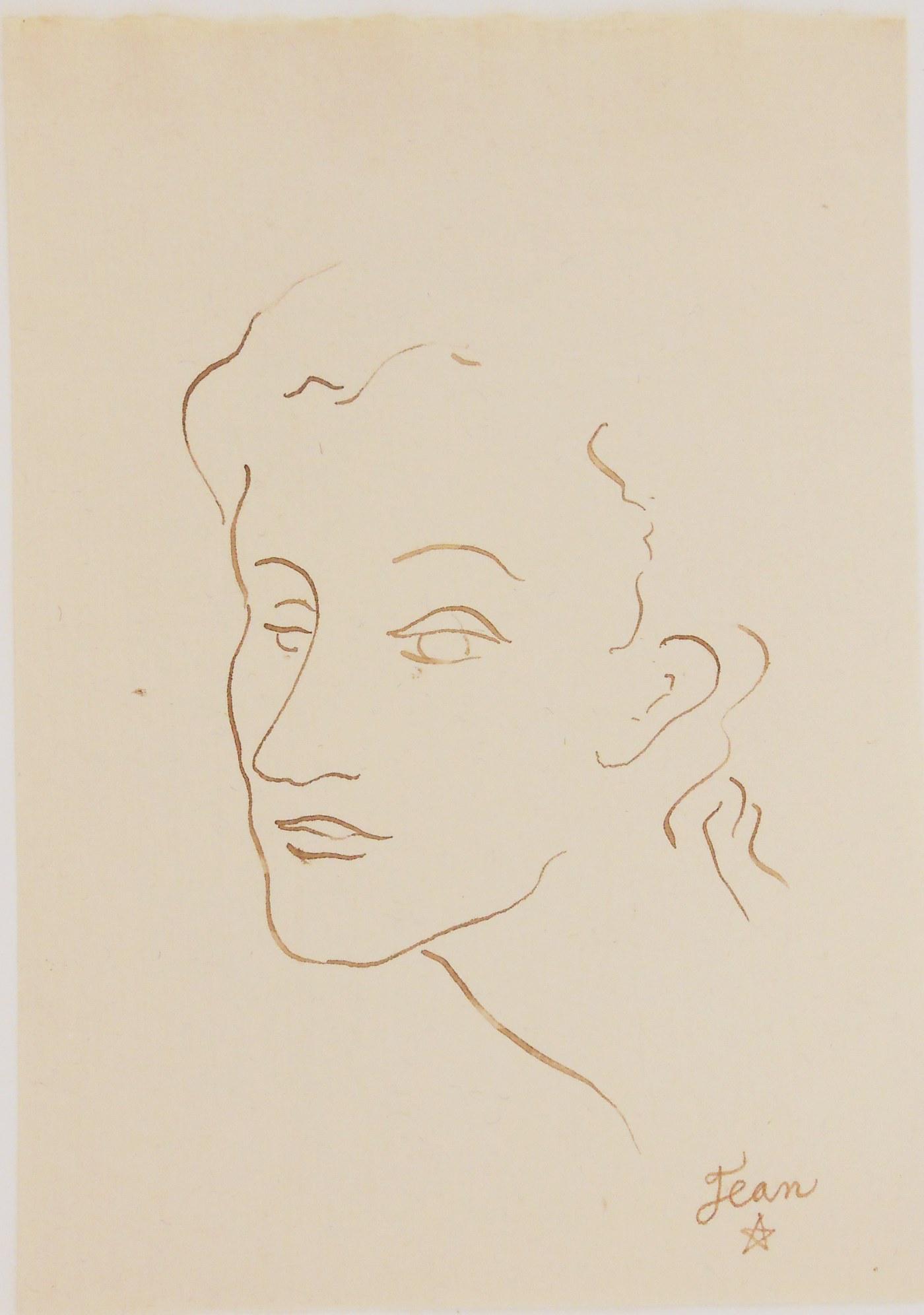 Jean Cocteau (1889-1963) Ink Drawing, Ca. 1940: Pen and ink drawing on fine laid paper, portrait (possibly a self-portrait), signed* (Jean Cocteau, 1889-1963). Circa 1935-40. 8 3/8 x 6 inches. Very good condition overall. Unframed for inspection an