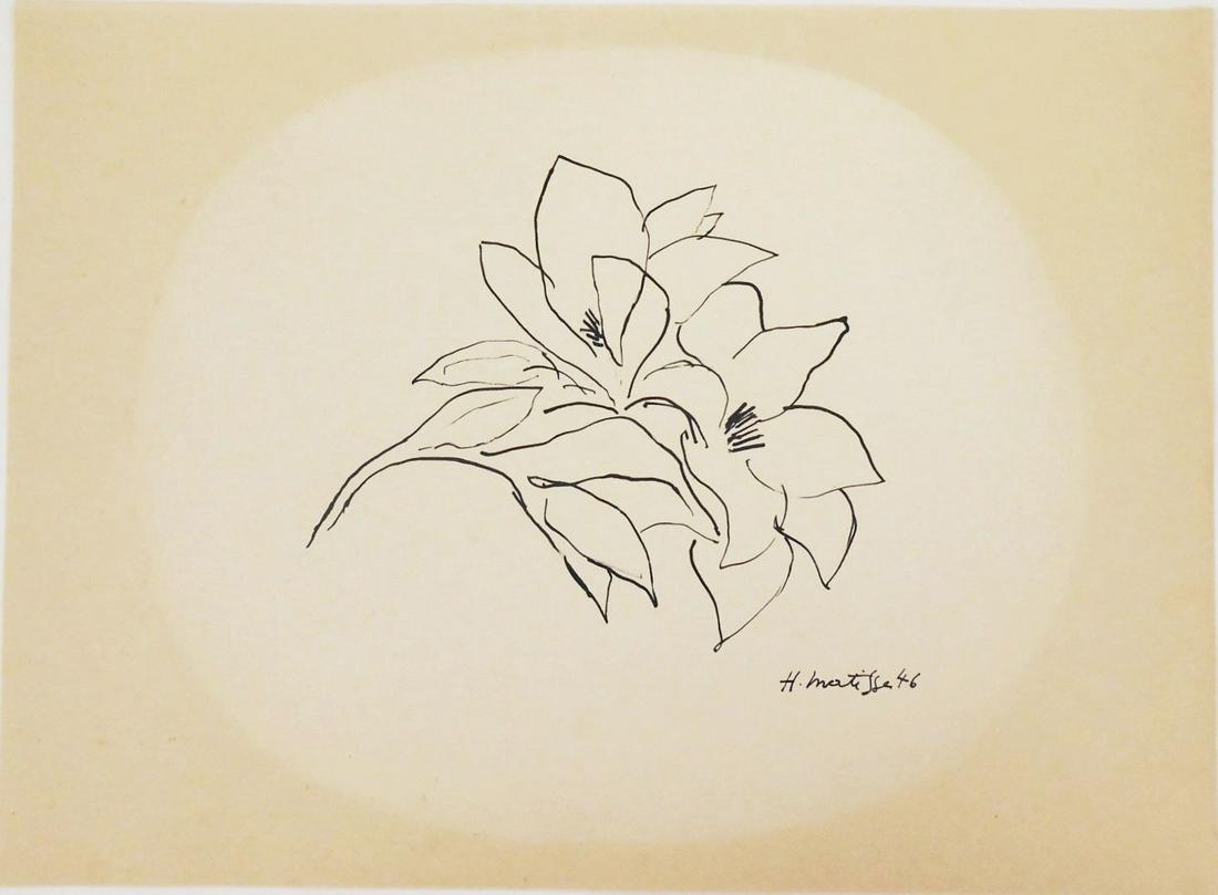 Henri Matisse (1869-1954) Pen & Ink Drawing: Pen and ink drawing on medium weight wove paper, stem with flowers, signed* (Henri Matisse, 1869-1954). 10 1/2 x 14 3/8 inches. The drawing has a large oval mat-burn (probably caused from framing) but
