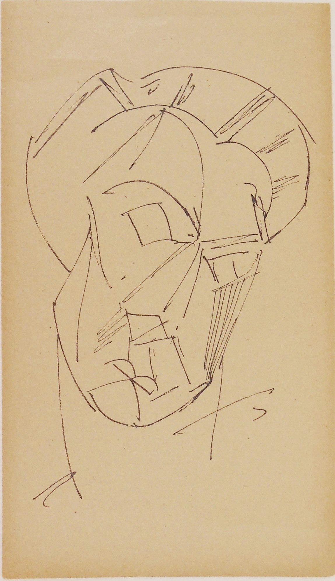Pablo Picasso (1881-1973) Cubist Ink Drawing: Ink drawing on tan-colored wove paper, Cubist study of a woman's head, unsigned* (Pablo Picasso, 1881-1973). Circa 1910-1920. 7 1/4 x 4 1/4 inches. Good condition overall, having no apparent damage or