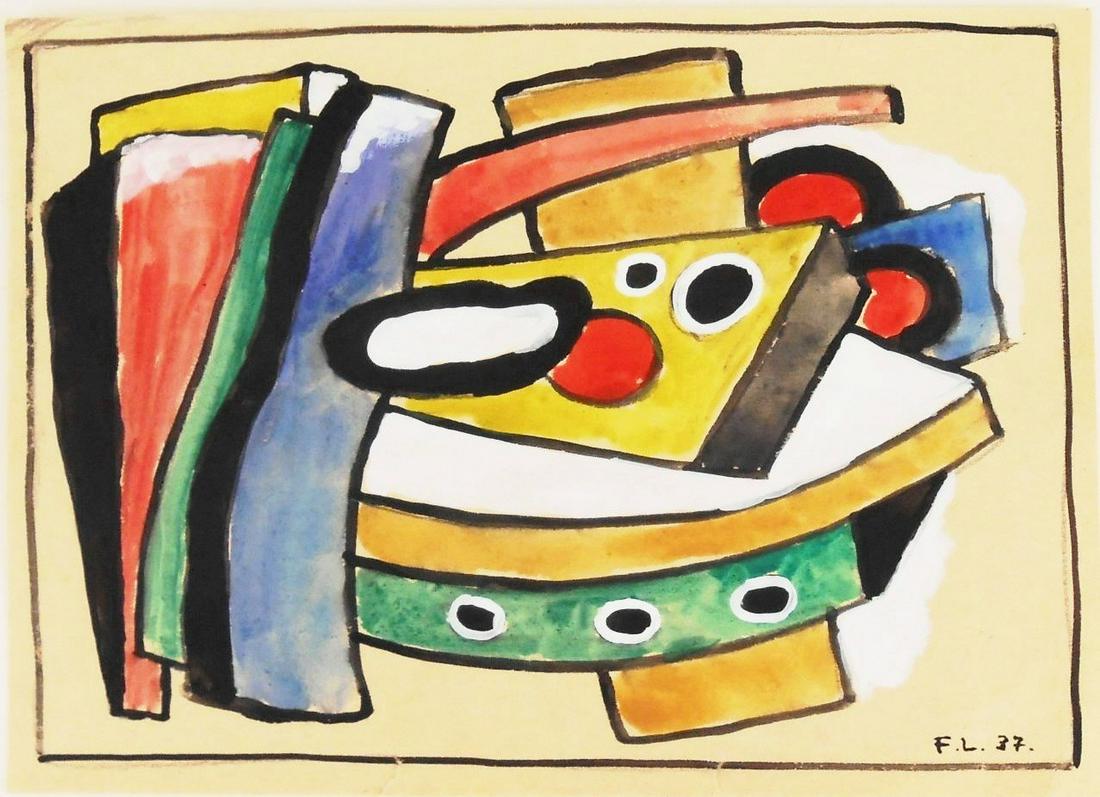Fernand Leger (1881-1955) Watercolor & Gouache: Watercolor and gouache with traces of pencil on light cream-colored wove paper, untitled composition, signed with the artist's initials and dated '37* (Fernand Leger, 1881-1955). 5 3/4 x 8 inches. Two