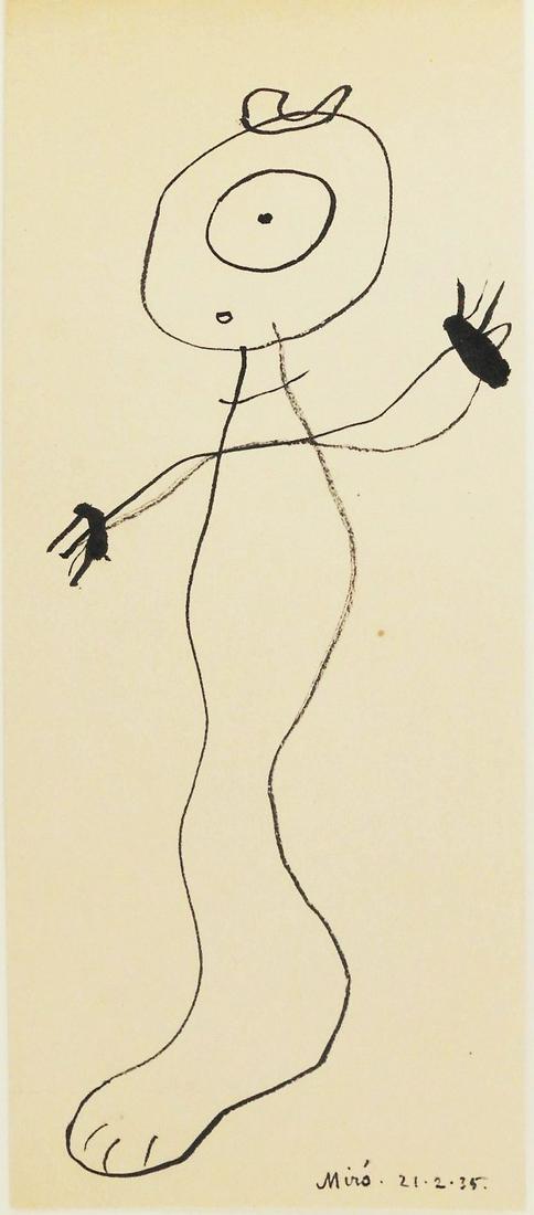Joan Miro (1893-1983) Ink Drawing: Black ink drawing on wove paper, abstract figure, signed lower right corner* (Joan Miro, 1893-1983). Dated 21.2.35. 9 3/8 x 4 inches. Good condition overall, having no apparent damage or repairs. Unfr