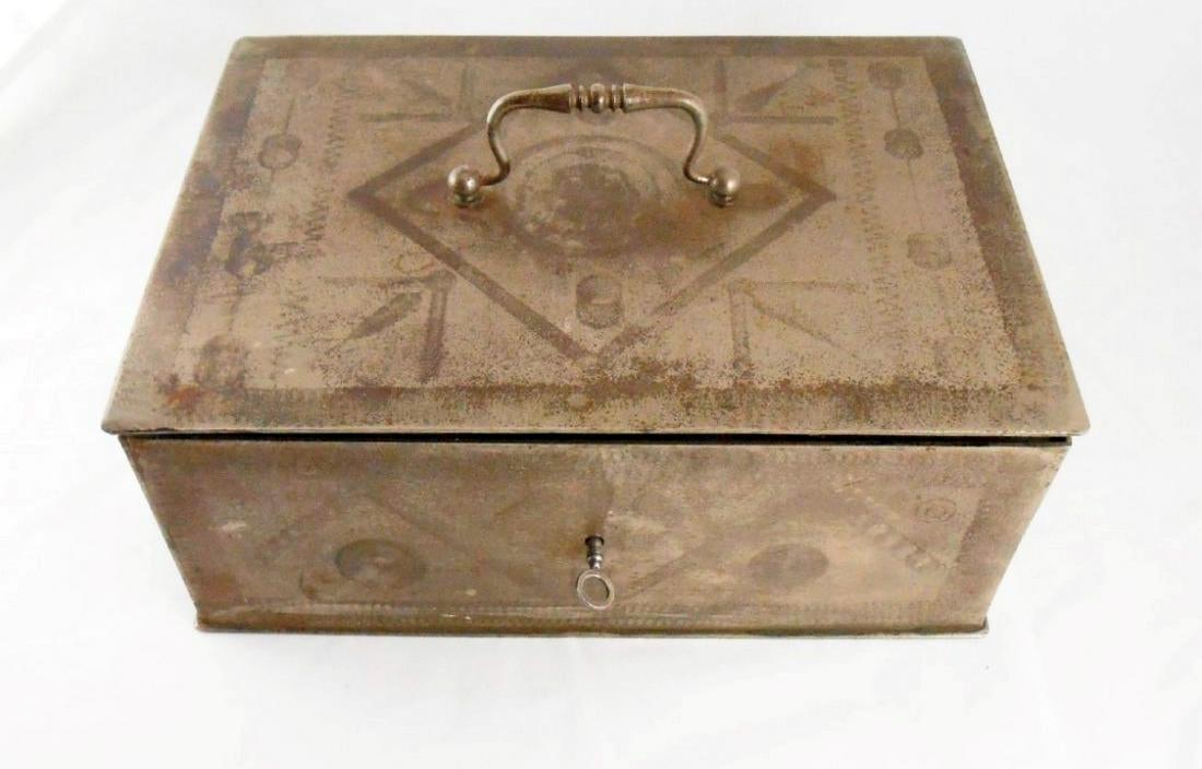Locking Steel Money Box, Circa 1890: Antique locking steel money box with key. Unusual stenciled design. European, possibly English or French, circa 1890. 11 7/8 x 8 3/4 x 4 1/2 inches. Very good condition.