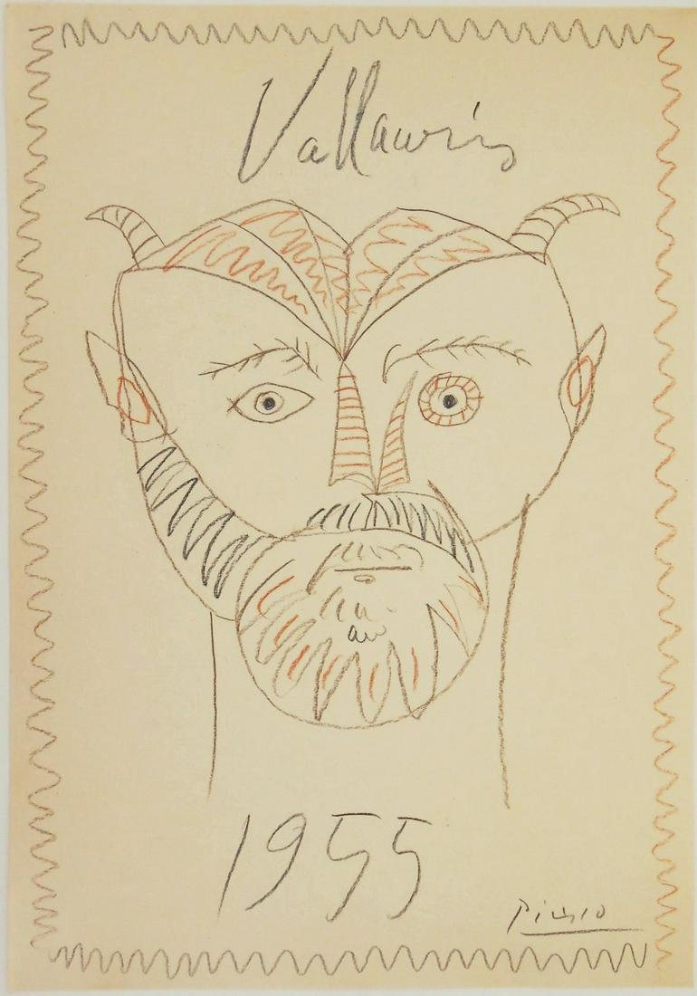 Pablo Picasso (1881-1973) Colored Pencil Drawing: Colored pencil drawing on wove paper, head of a satyr, signed* (Pablo Picasso, 1881-1973). Inscribed "Vallauris" and dated 1955. 14 3/4 x 10 3/8 inches. Good condition overall, having no apparent dama