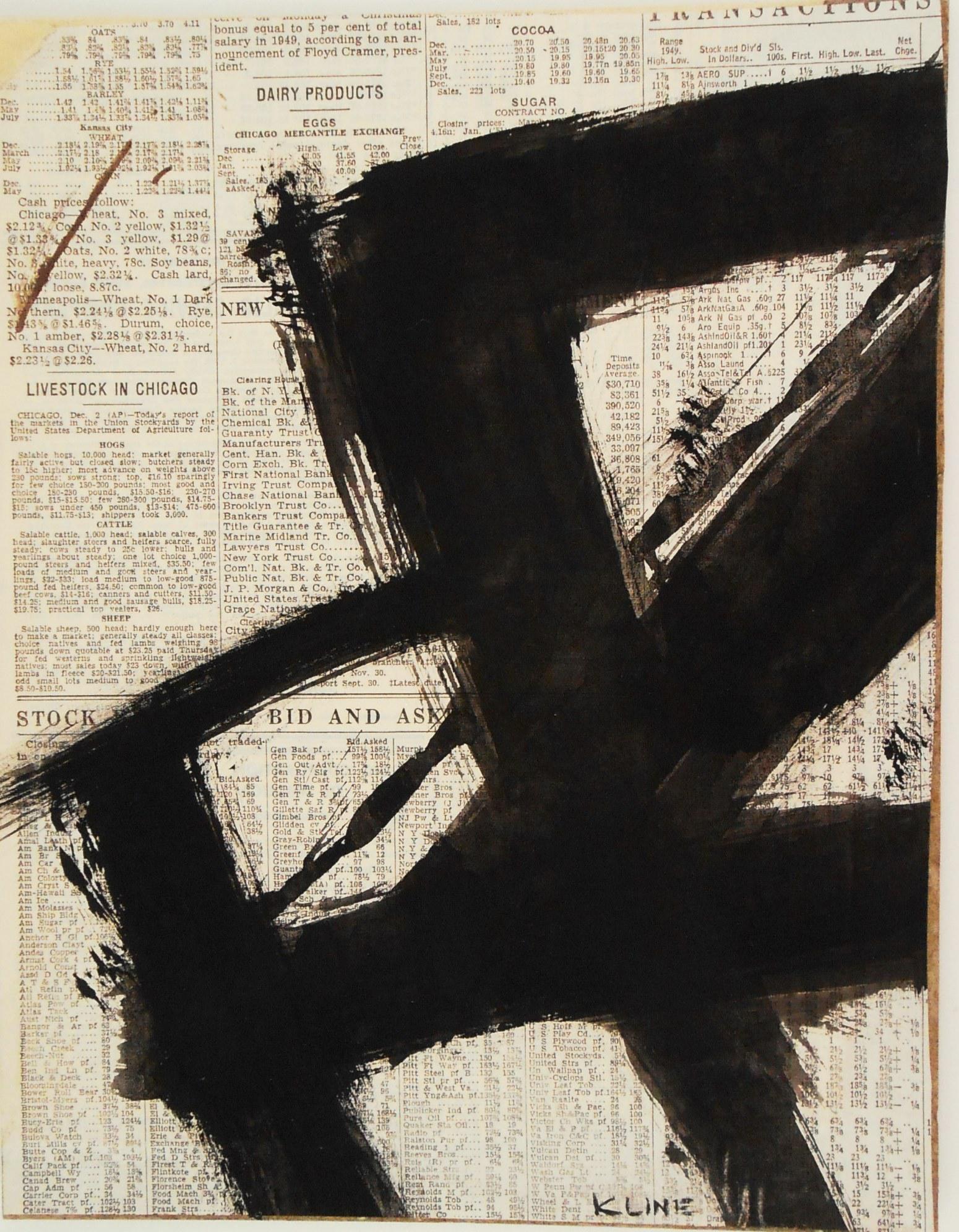 Franz Kline (1910-1962) Black Ink Abstract: Black ink abstract on newspaper mounted to board, signed* (Franz Kline, 1910-1962). 11 x 8 3/4 inches. Good condition overall. Has been removed from frame for inspection and shipping. Sold without fra