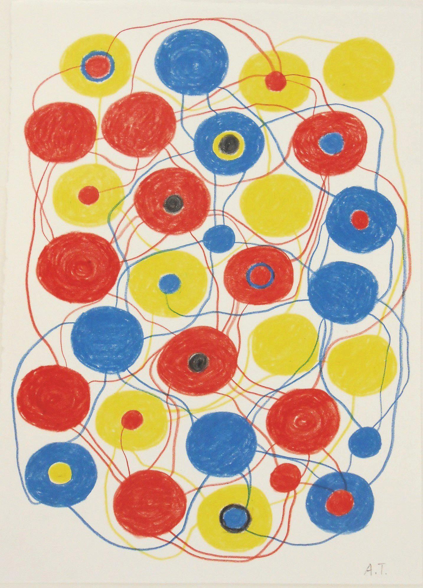 Atsuko Tanaka (1932-2005) Colored Pencil Drawing: Colored pencil drawing on white wove paper, untitled composition with circles, signed with the artist's initials* (Atsuko Tanaka, 1932-2005). Possibly circa 1999 - 2002. 13 1/4 x 9 5/8 inches. Very go