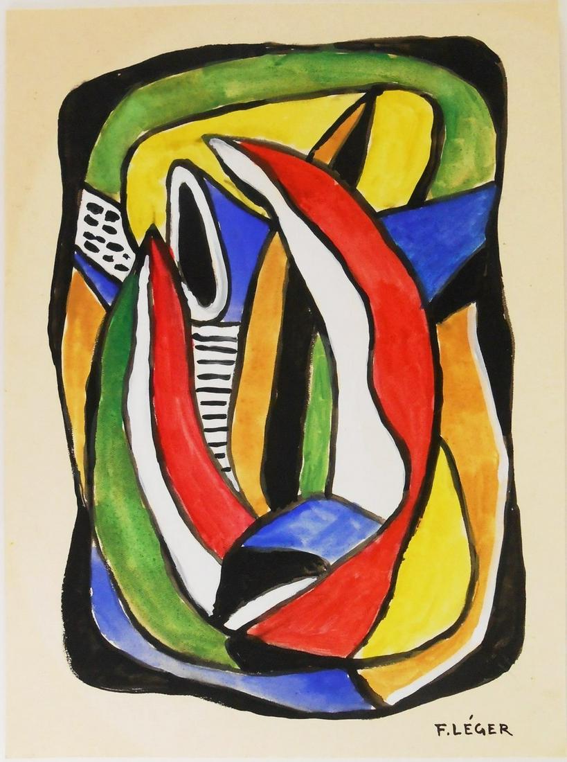 Fernand Leger (1881-1955) Watercolor & Gouache: Watercolor and gouache on off-white wove paper, untitled composition, signed* lower right (Fernand Leger, 1881-1955). Circa 1945-1955. 10 3/8 x 7 5/8 inches. Very good condition overall. Unframed for
