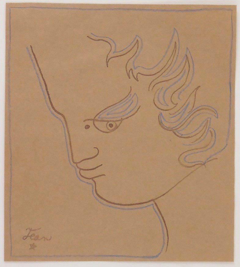 Jean Cocteau (1889-1963) Pen & Ink On Paper: Pen and brown ink with colored pencil on brown wove paper, Orpheus, signed* (Jean Cocteau, 1889-1963). 6 3/4 x 6 inches. Very good condition. No apparent damage or repairs. Unframed for inspection and