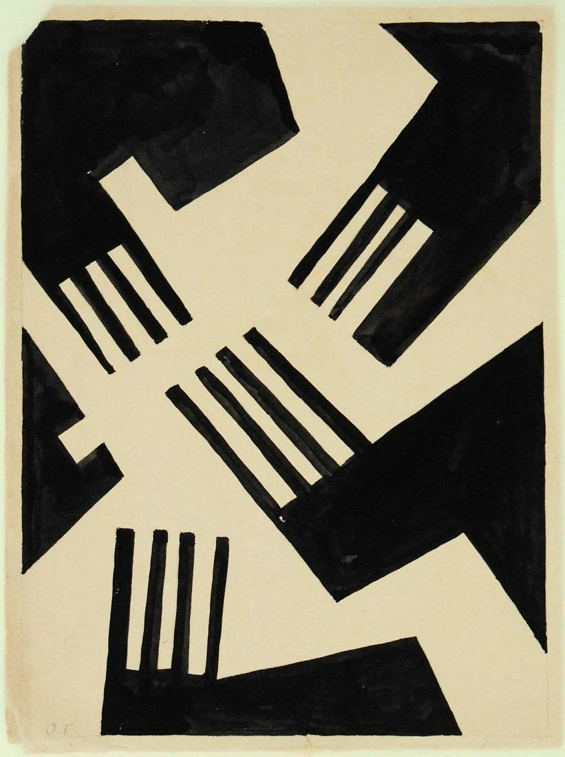 Otto Freundlich (1878-1943) Black Ink On Paper: Black ink drawing with traces of pencil on soft wove paper, abstract composition, pencil signed with the artist's intials* extreme lower left corner (Otto Freundlich, 1878-1943). Appears to have been 