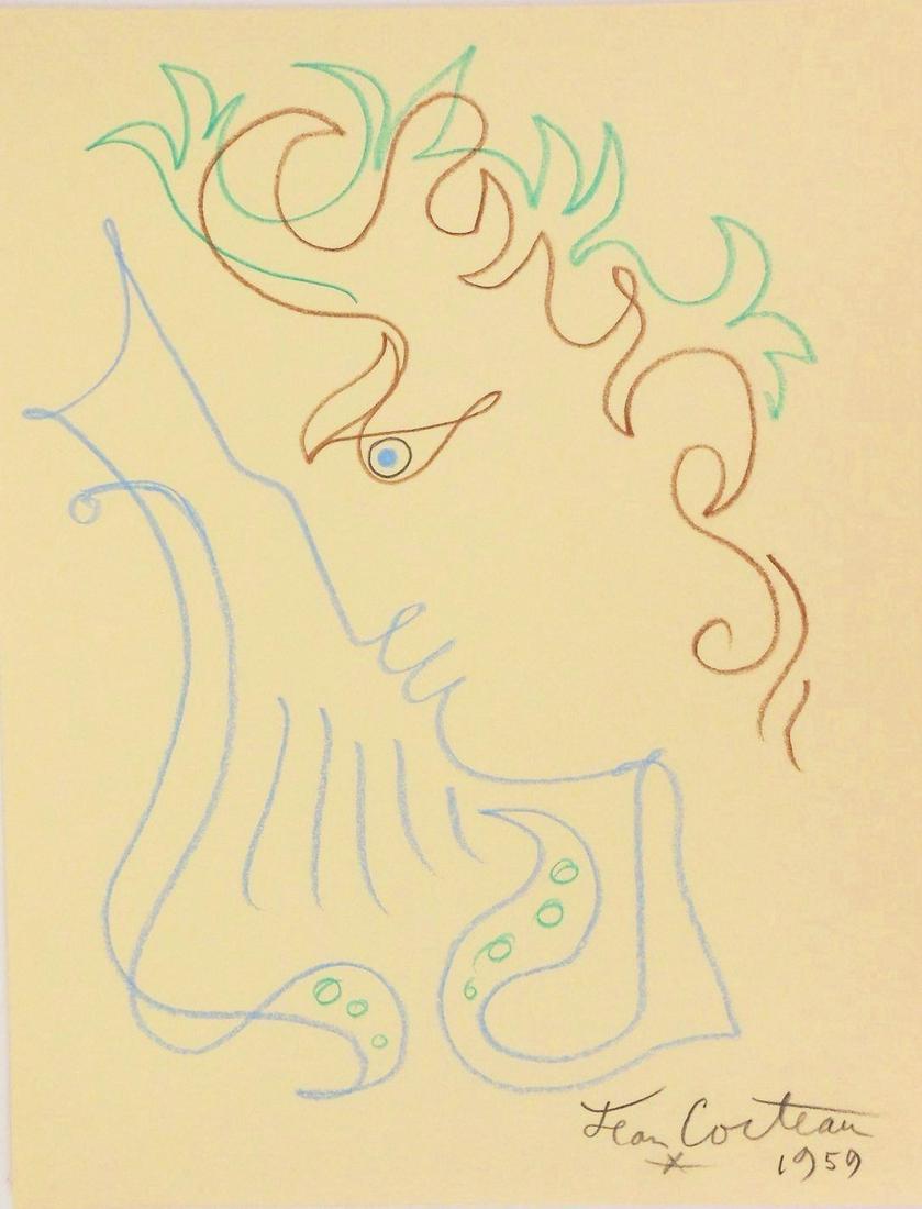 Jean Cocteau (1889-1963) Pen & Ink Drawing: Colored pencil drawing on stiff yellow paper, Orpheus and lyre, pencil signed* (Jean Cocteau, 1889-1963). Dated 1959. 11 x 8 1/2 inches. Very good condition. No apparent damage or repairs. Unframed fo