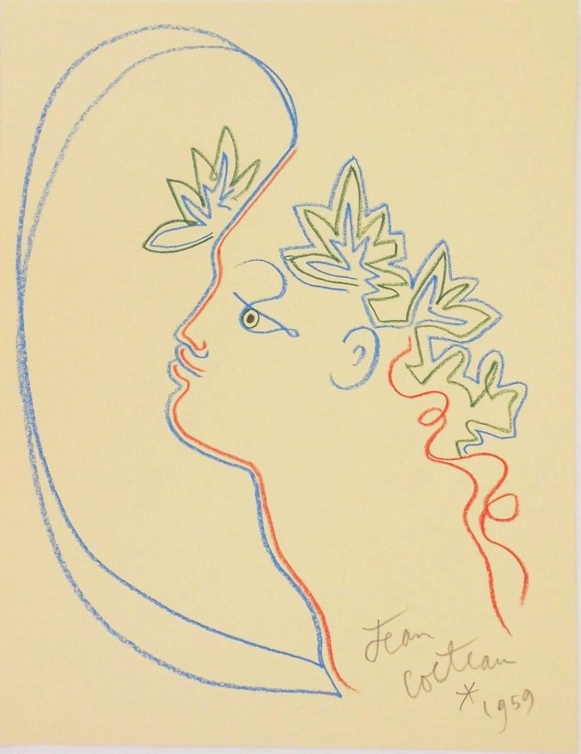 Jean Cocteau (1889-1963) Colored Pencil Drawing: Colored pencil drawing on stiff yellow paper, Orpheus, pencil signed* (Jean Cocteau, 1889-1963). Dated 1959. 11 x 8 1/2 inches. Very good condition. No apparent damage or repairs. Unframed for inspect