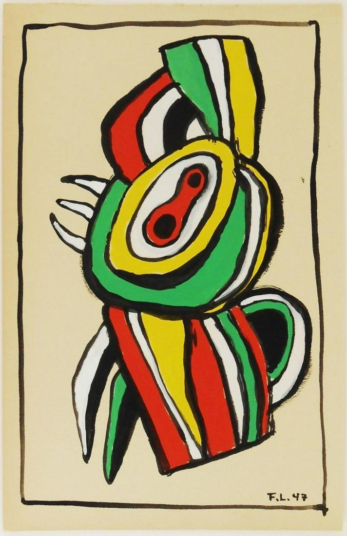 Fernand Leger (1881-1955) Sketchbook Gouache: Gouache on heavy-weight sketchbook paper, untitled abstract composition, signed with the artist's initials* (Fernand Leger, 1881-1955). Dated '47. 8 1/2 x 5 1/2 inches. Very good condition overall, ha