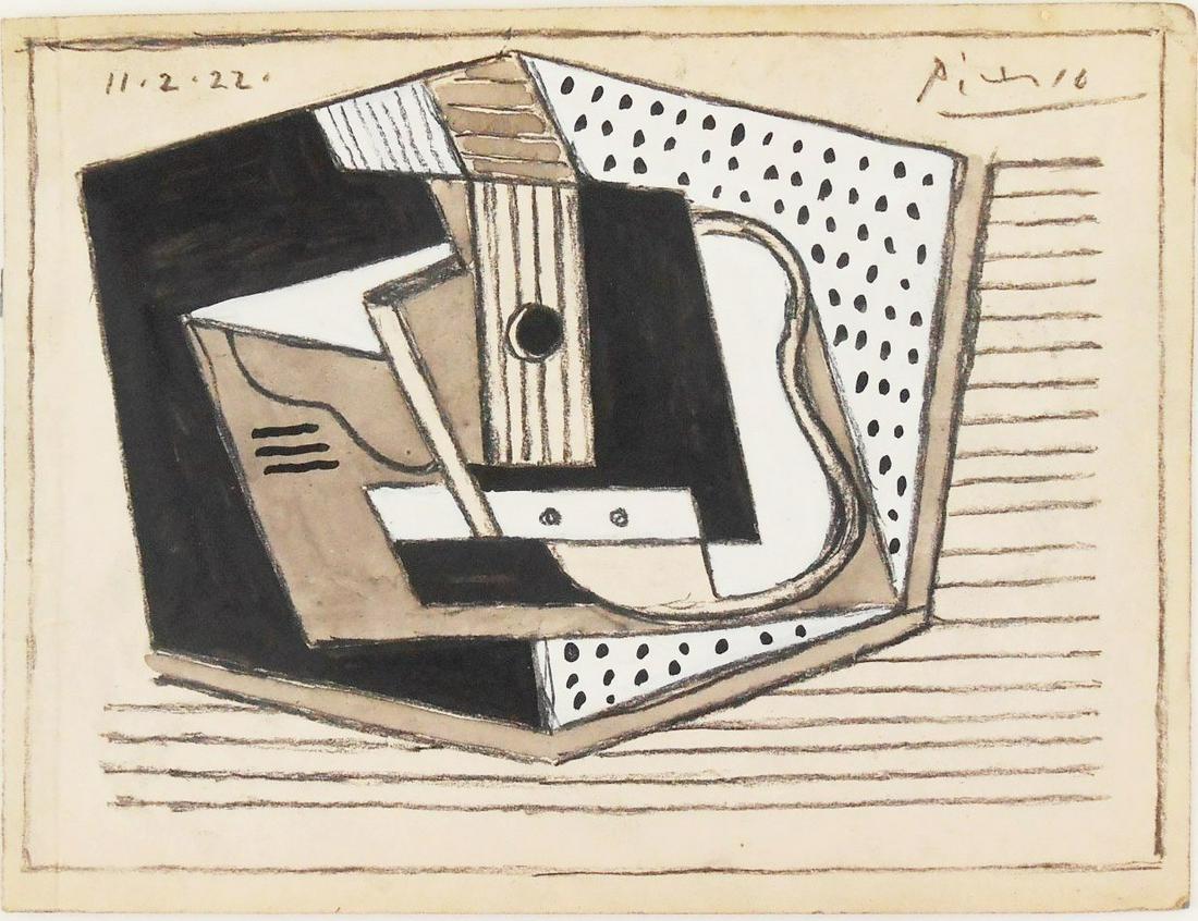Pablo Picasso (1881-1973) Cubist Abstract: Charcoal and gouache drawing executed on the inside back cover of a small sketchbook, cubist still life, signed* (Pablo Picasso, 1881-1973). Dated 11-2-22, upper left corner. 5 1/4 x 7 inches. Very go