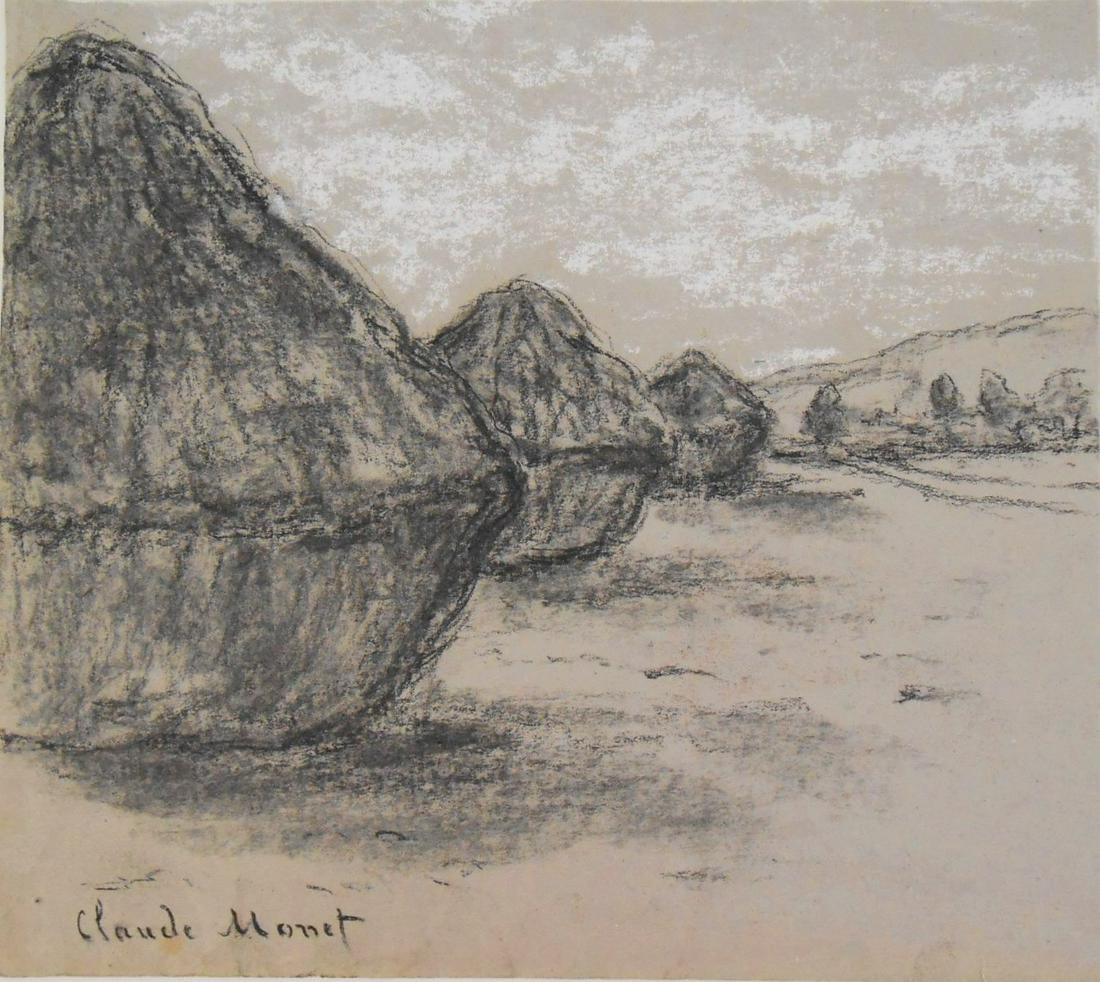 Claude Monet (1840-1926) Charcoal Drawing: Charcoal and white chalk drawing of grainstacks on bluish-grey period pastel paper, signed* (Claude Monet, 1840-1926). Circa 1880-1890. 7 3/8 x 8 1/4 inches. Some possible slight flaking, otherwise ve