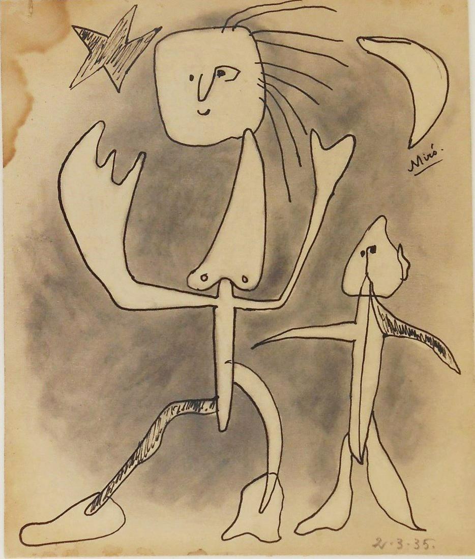 Joan Miro (1893-1983) Ink & Graphite Drawing: Black ink and graphite drawing on illustration board, figures with star and moon, signed upper right* (Joan Miro, 1893-1983). Dated 2.3.35. 7 1/2 x 6 1/4 inches. Stain to upper left corner, several ot