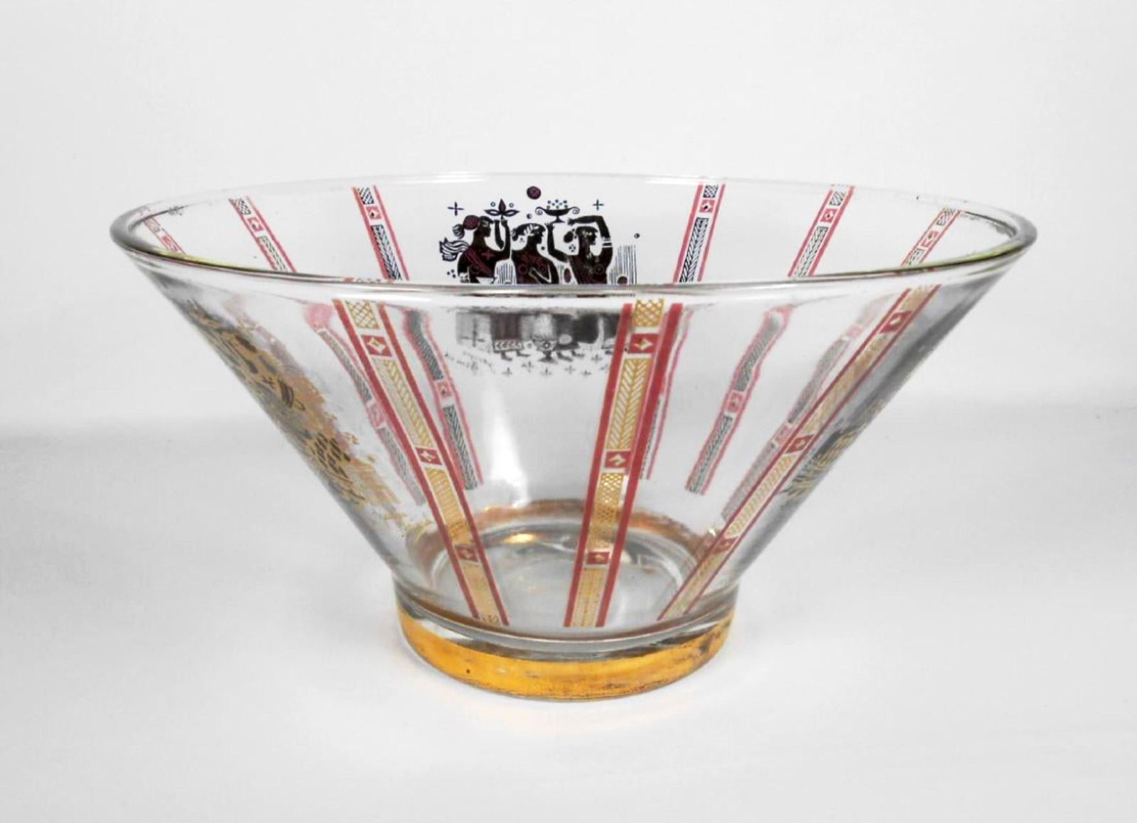 Georges Briard Glass Bowl, Signed: Mid-century glass bowl by Georges Briard, signed. Classical gilt decoration. 10 3/4 inches diameter; H. 6 inches.