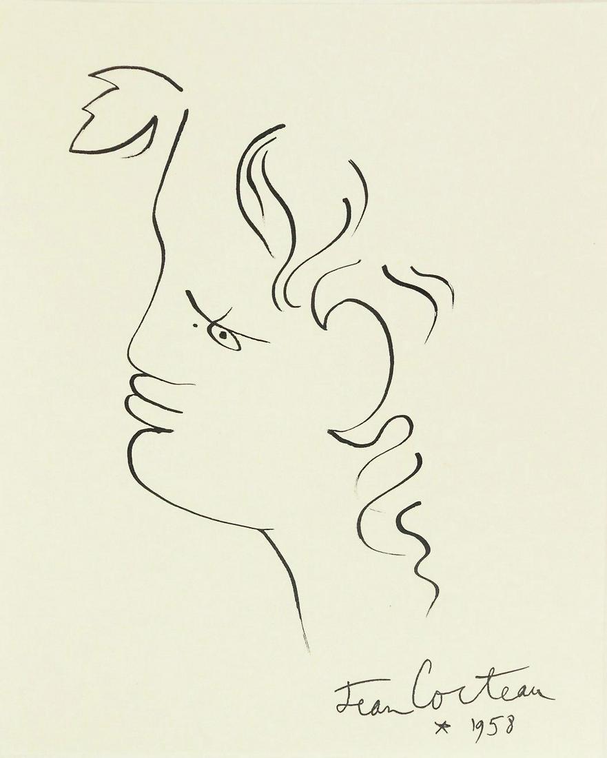 Jean Cocteau (1889-1963) Pen & Ink Drawing: Pen and ink drawing on fine white wove paper, Orpheus, signed* (Jean Cocteau, 1889-1963). Dated 1958, lower right corner. 10 3/8 x 8 3/8 inches. Very good condition. No apparent damage or repairs. Unf