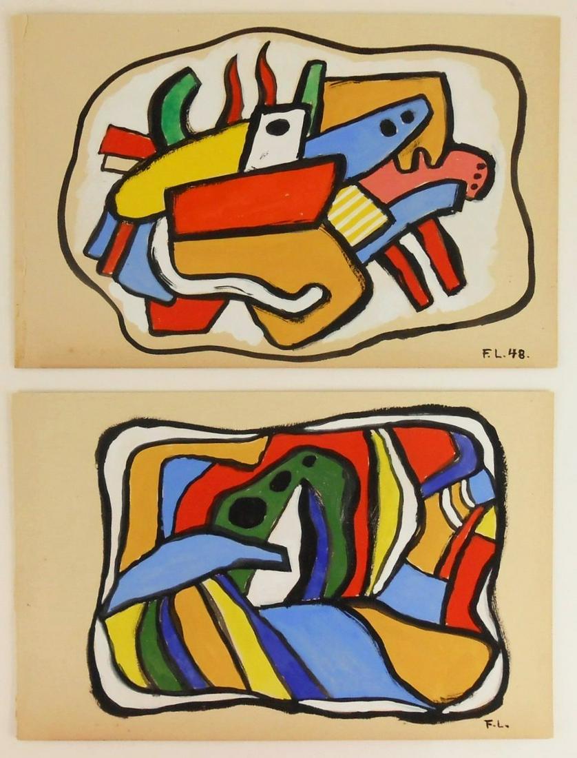 Fernand Leger (1881-1955) Sketchbook Gouaches: Two sketchbook gouaches on heavy-weight wove paper, untitled abstract compositions, each signed with the artist's initials* (Fernand Leger, 1881-1955). One dated '48. 5 1/2 x 8 1/2 inches. Each in ver