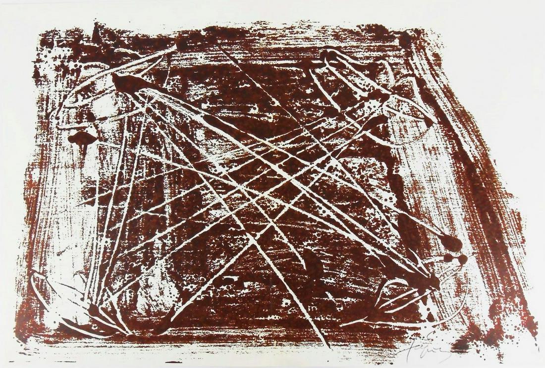 Antoni Tapies (1923-2012) Color Lithograph: Original color lithograph, untitled, by Antoni Tapies (1923-2012) created for "Derriere Le Miroir" and published in 1974. Pencil signed*. 14 7/8 x 22 inches. Very good condition. Sold unframed.Derrier