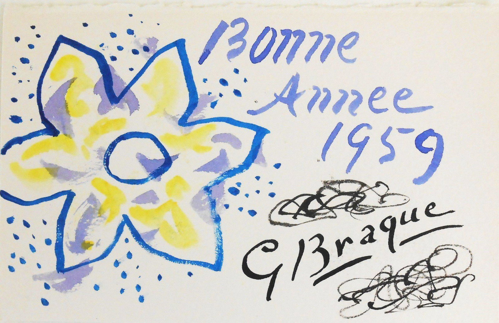 Georges Braque (1882-1963) Greeting Card: Watercolor and black ink on fine quality wove paper, hand-drawn greeting card, "Bonne Annee" (Happy New Year), signed* (Georges Braque, 1882-1963). Dated 1959. 3 3/4 x 5 7/8 inches. Very good conditio