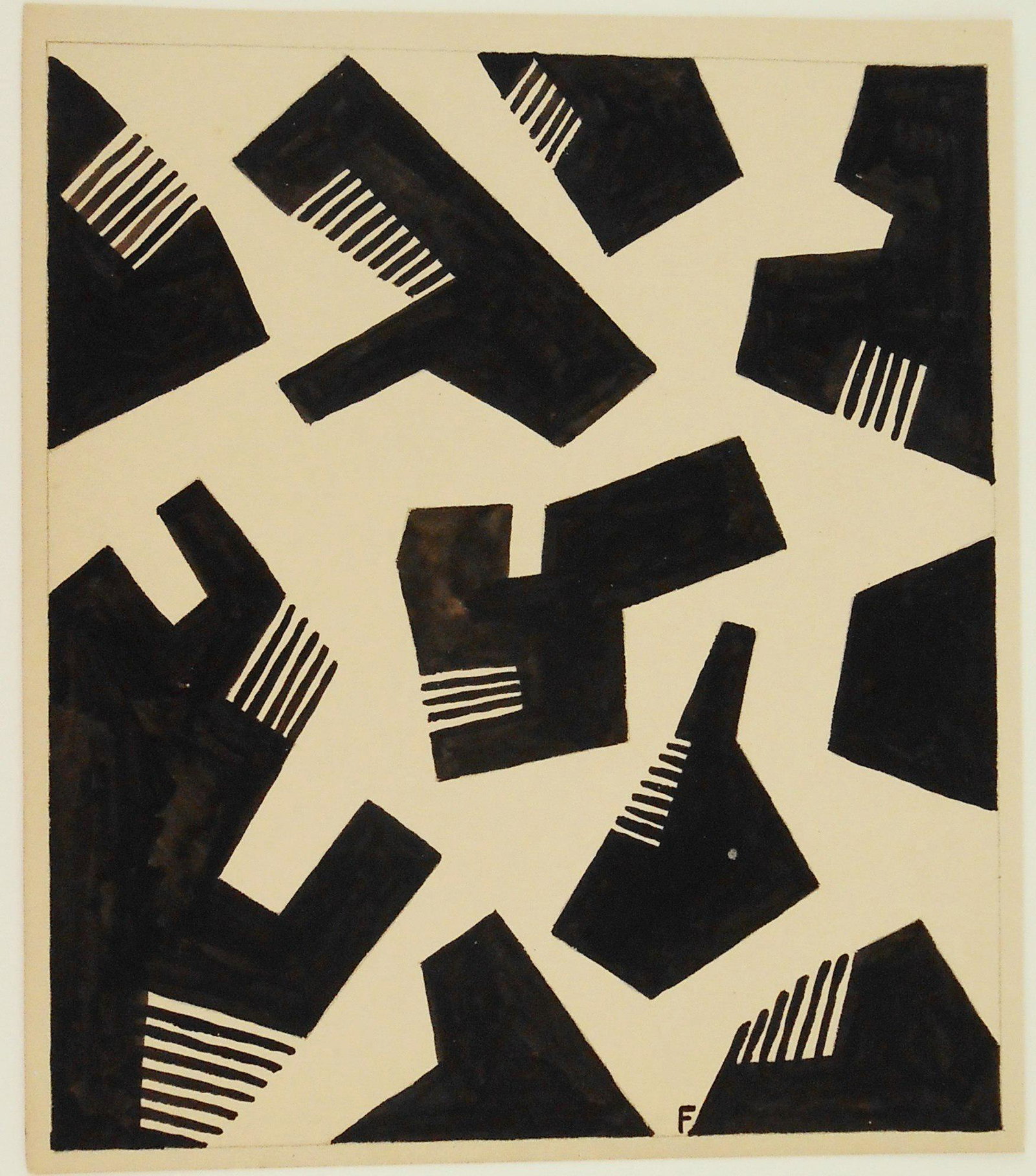 Otto Freundlich (1878-1943) Ink Drawing: Black ink drawing with traces of pencil on heavy wove paper, untitled abstract design, signed* with the artist's initial "F" (Otto Freundlich, 1878-1943). 8 x 7 inches. Good condition overall. Unframe