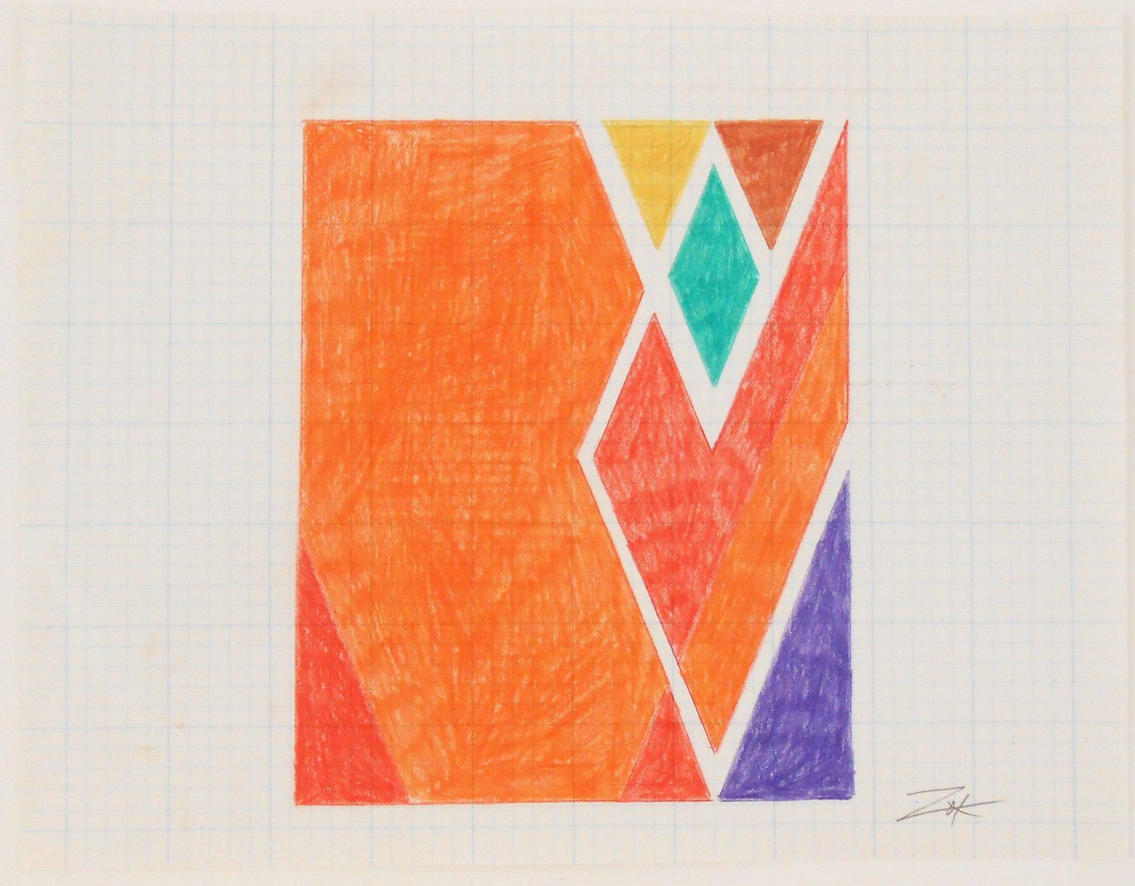 Larry Zox (1937-2006) Colored Pencil Drawing: Colored pencil drawing on blue-gridded graph paper, untitled composition, signed* (Larry Zox, 1937-2006). Circa 1970. 8 1/2 x 11 inches. Very good condition, having no apparent damage or repairs. Unfr
