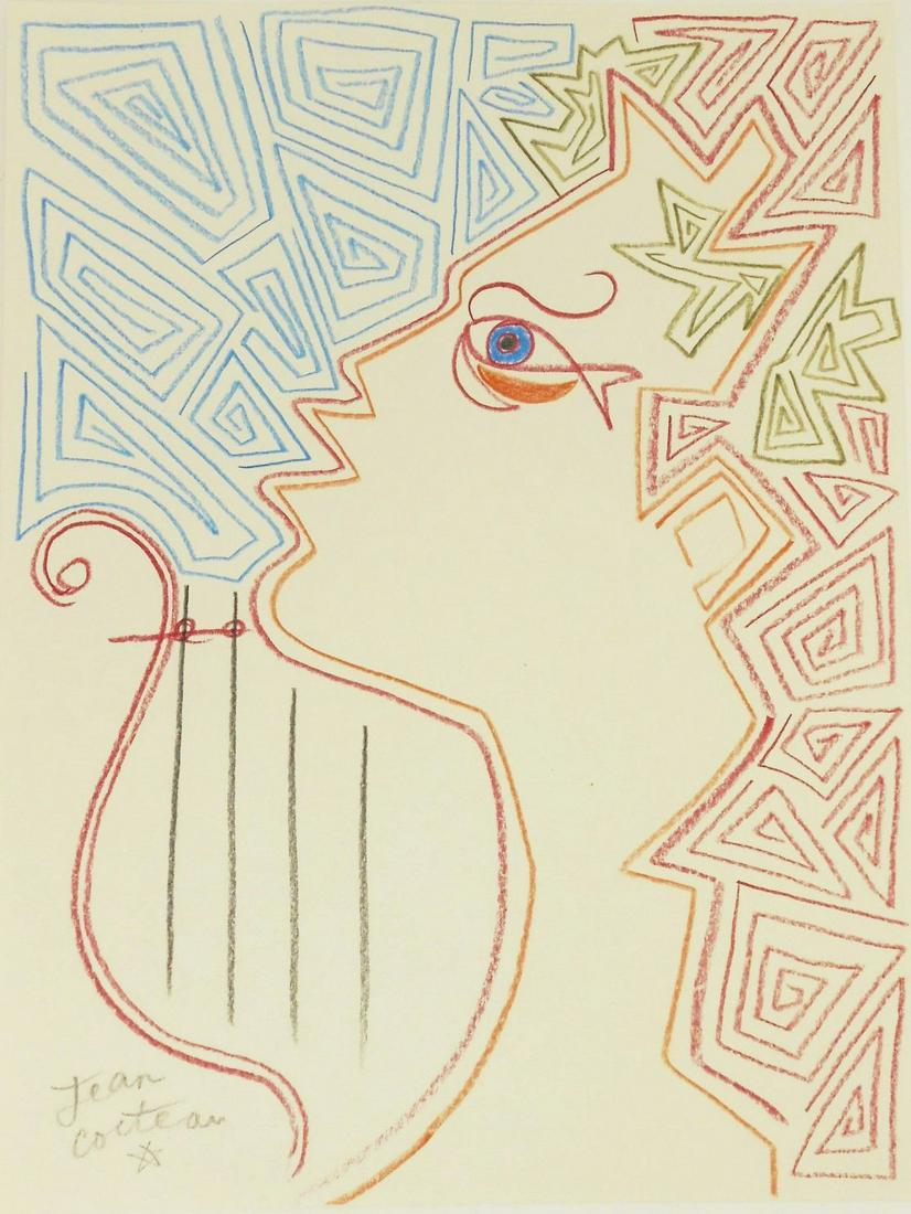 Jean Cocteau (1889-1963) Colored Pencil Drawing: Colored pencil drawing on off-white wove paper, Orpheus with arabesques, pencil signed* (Jean Cocteau, 1889-1963). 10 1/2 x 8 inches. Excellent condition. Having no apparent repairs or areas of visibl