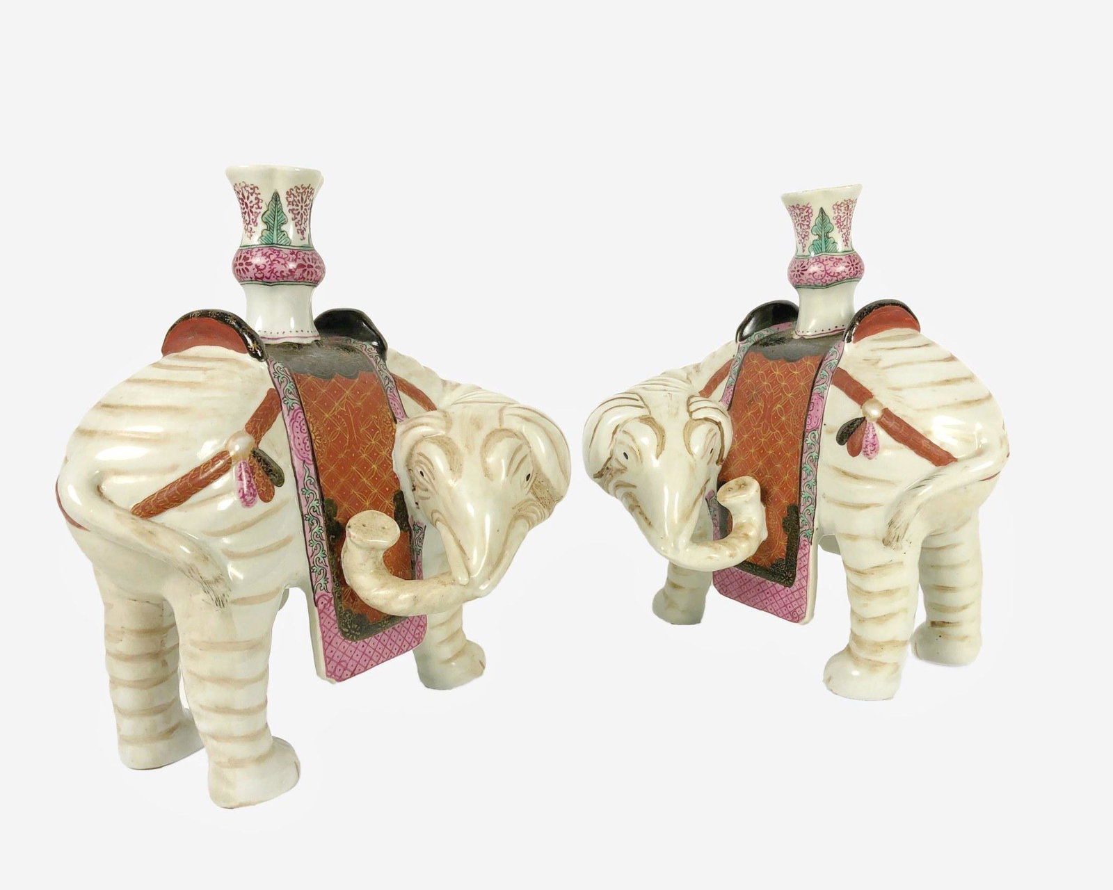 Mottahedeh Chinese-Style Porcelain Elephants: Pair of Mottahedeh Chinese style porcelain elephant figural candleholders. Winterthur reproductions, signed. H. 9 1/2 inches W. 8 1/2 inches