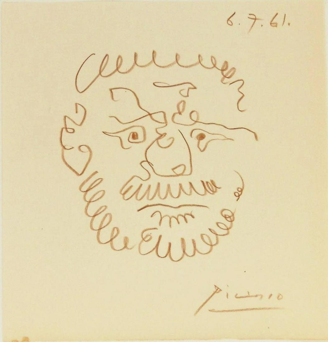 Pablo Picasso (1881-1973) Pencil Drawing: Brown pencil drawing on fine wove paper, portrait of a man with beard, signed* (Pablo Picasso, 1881-1973). Dated 6.7.61. Drawing measures 6 x 5 5/8 inches. Very good condition. No apparent damage or r