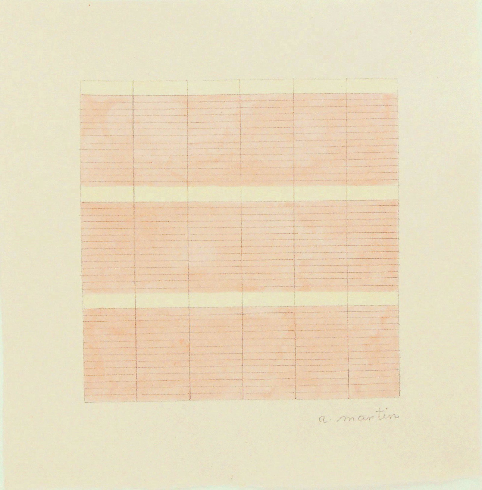 Agnes Martin (1912-2004) Watercolor With Pencil: Watercolor with pencil on thin handmade wove paper, untitled geometric composition, signed* (Agnes Martin, 1912-2004). 9 1/8 x 9 inches. Very good condition, having no apparent repairs or areas of dam