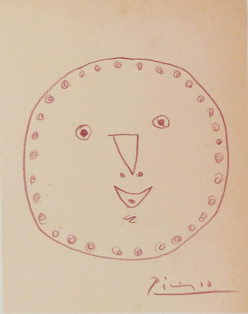 Pablo Picasso (1881-1973) Colored Pencil Drawing: Pencil drawing on light cream-colored wove paper, untitled (ceramic "mask"), signed* (Pablo Picasso, 1881-1973). 6 7/8 x 5 1/2 inches. Very small crease to upper right corner, otherwise very good cond